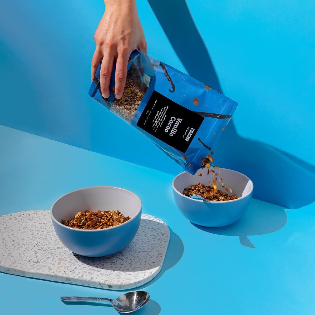 BSKT WHOLEFOODS - Vanilla Cacao Veganola - Granola Breakfast - Gluten Free Non GMO Plant Based - Added Hints of Vanilla Notes - Plant Based - No Use of Refined Sugar - Dusted Organic Cacao - for Snack and Dessert - Healthy Vegan Breakfast - 700G Bag image number 4