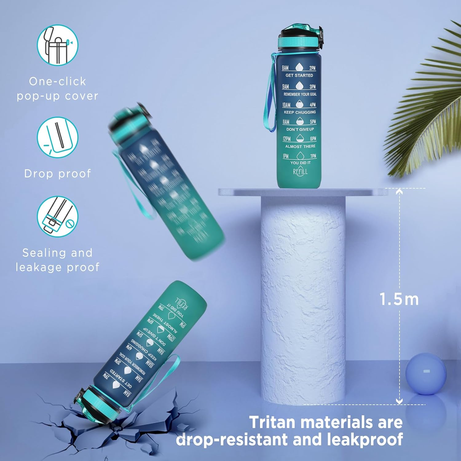 Geeric Sports Water Bottle, 1 Litre Drinking Bottle with Scale & Time Marker Leak-Proof Large Capacity Bottle Straw Cap Durable for Teenager, Adult, Sports, Gym, Fitness, Outdoor, Cycling 32Oz/1000Ml - Blue image number 3