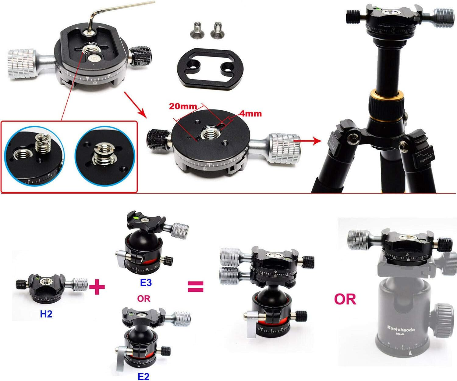Koolehaoda 360&deg; Mini Panoramic Tripod Head Metal Clamp Compatible with Rrs/Arca-Swiss Ball Head Quick Release Plate, Camera Tripod Ballhead image number 3