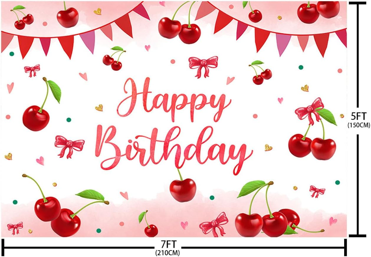 AIBIIN 7X5Ft Cherry Birthday Backdrop Red Bowknot Cherries Girl Birthday Decoration Background Sweet Cherries Banner for Girls Birthday Cake Smash Party Supplies Photo Booth Props image number 3