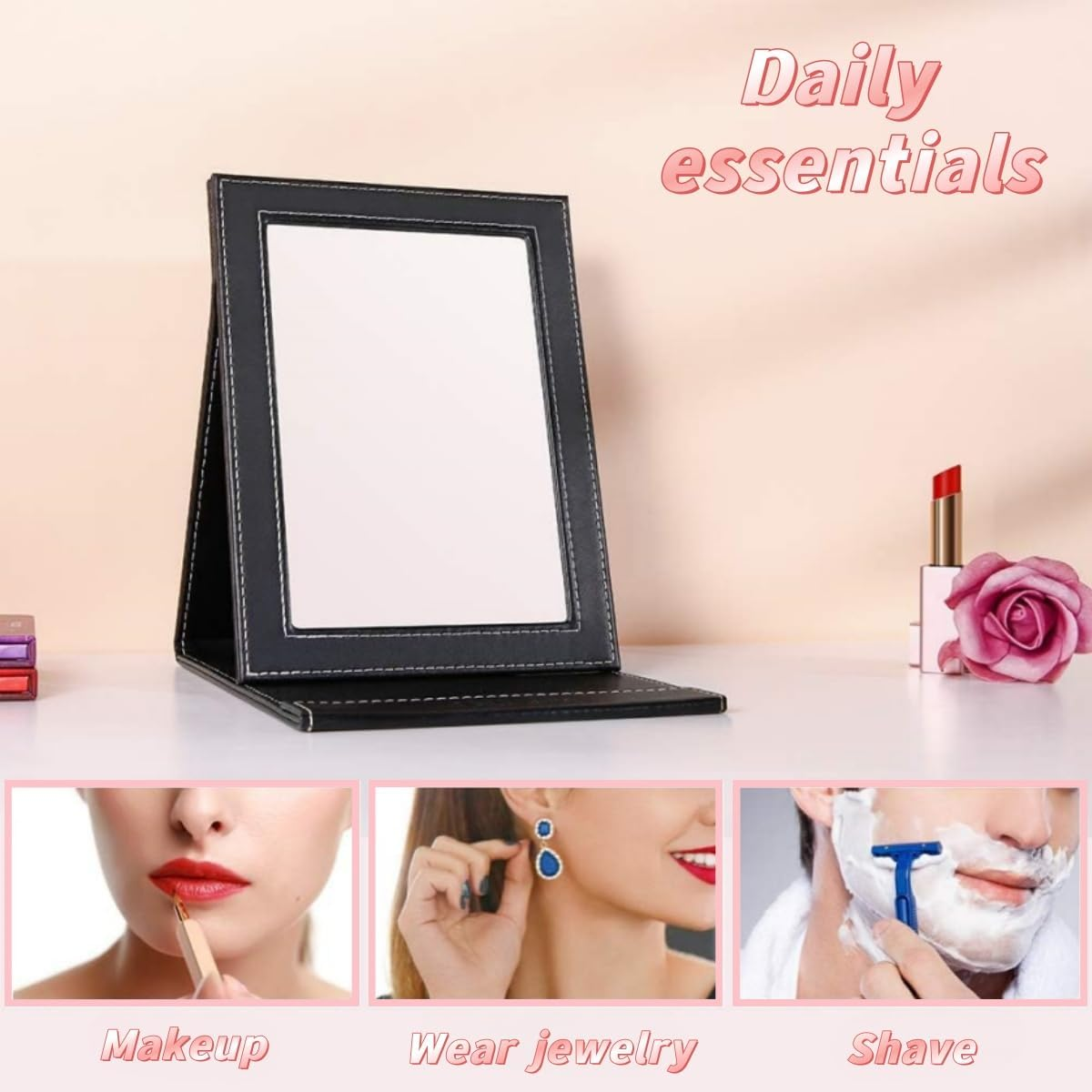Hpessoterr Makeup Mirror, Portable PU Folding Vanity Mirror with Standing,With Bracket,For Vanity Table, Office, Travel (Black)