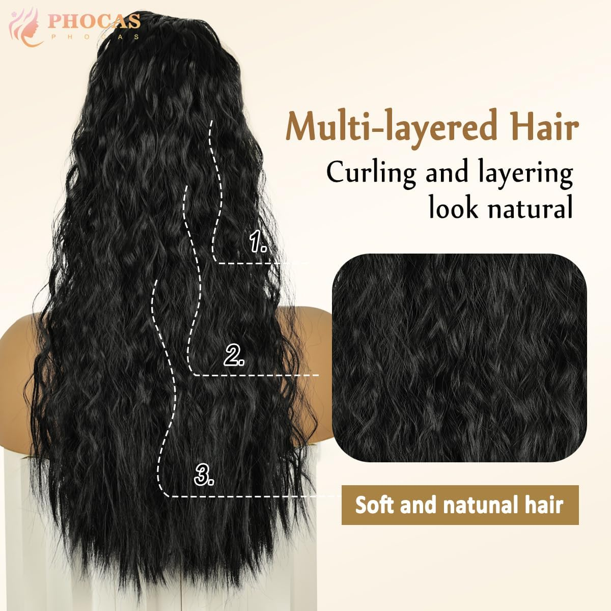 PHOCAS Drawstring Ponytail Extension,Long Wavy Ponytail Extension Black Synthetic Hairpiece Long Hair Extension for Women Daily Use (24Inch)