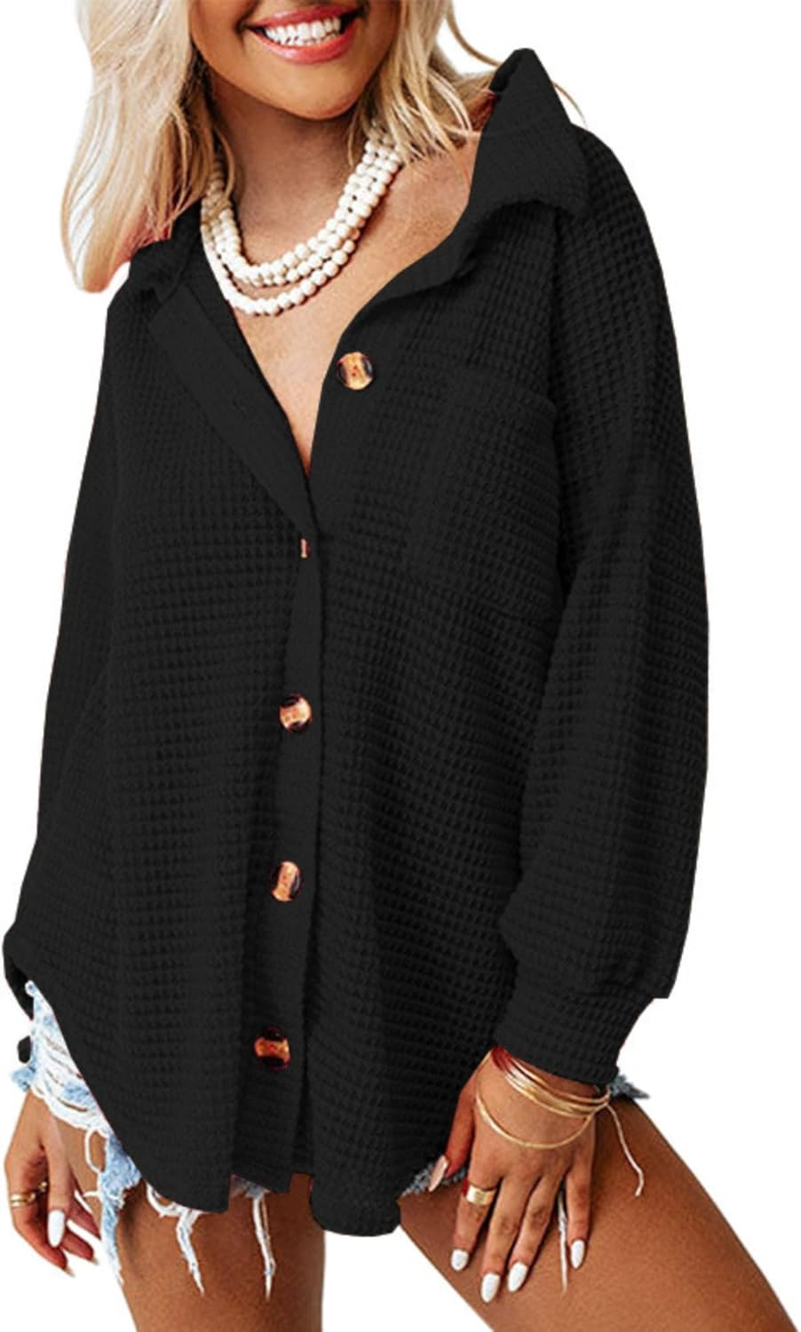 Women&rsquo;S Waffle Knit Shacket Jacket Casual Long Sleeve Blouses with Pocket Button down Shirts Dressy