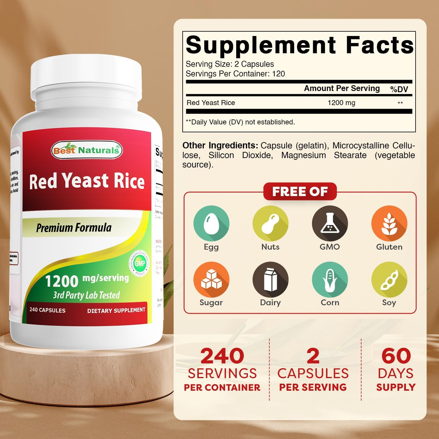Best Naturals Red Yeast Rice 1200Mg per Serving 240 Capsules - Premium Formula - 3Rd Party Lab Tested
