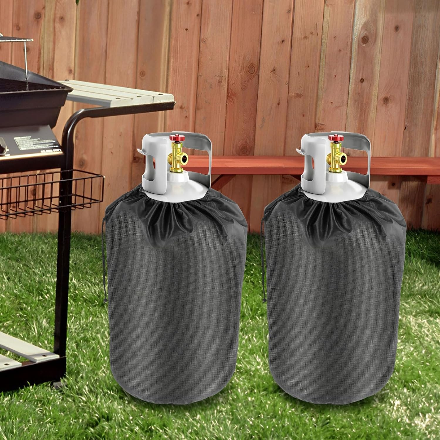 2Pcs Propane Tank Cover, Gas Bottle Covers, Oxford Cloth Gas Tank Cover with Drawstring, Waterproof Propane Cylinder Cover, Protective Cover for 20 LB Gas Tanks image number 2