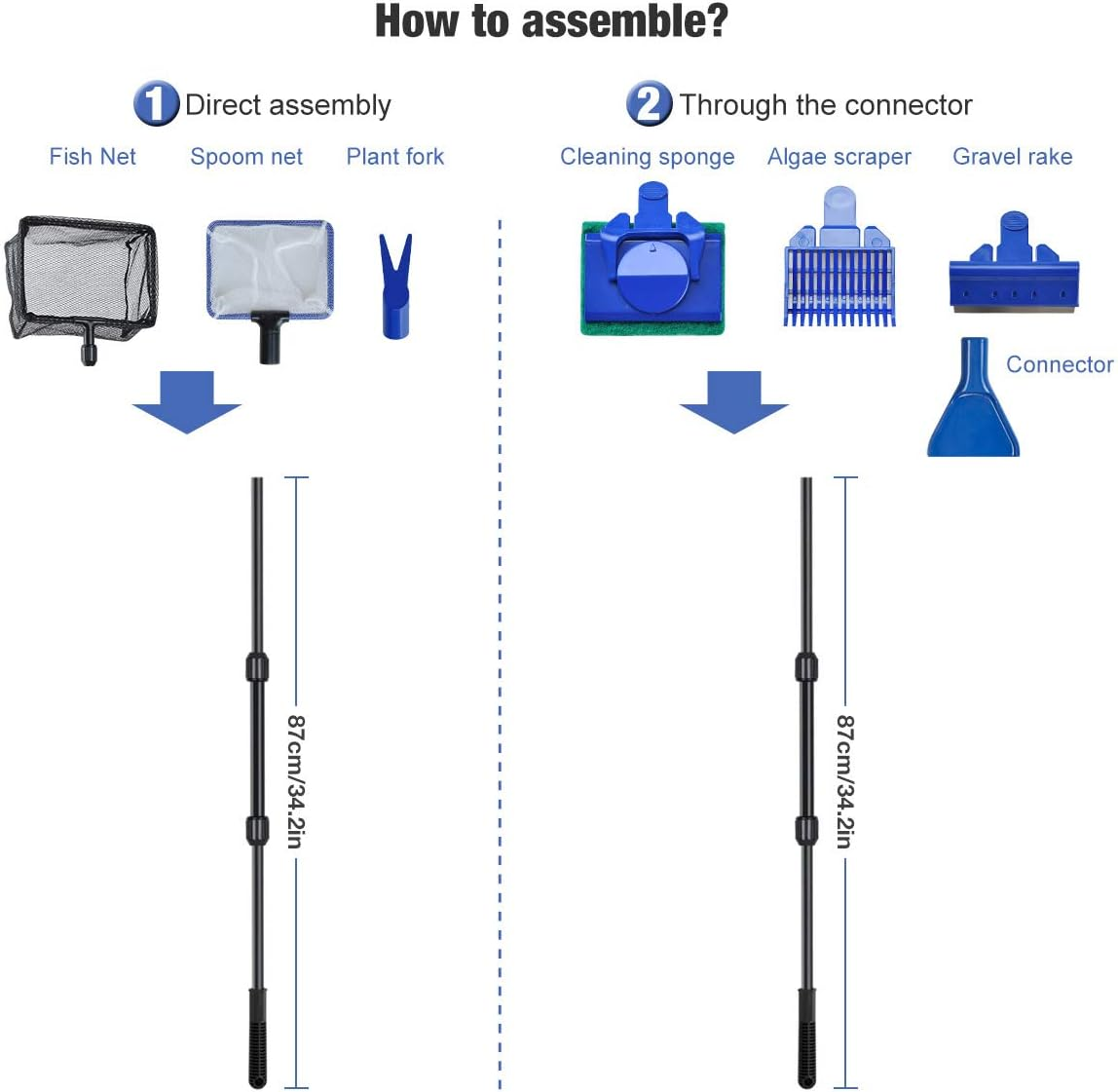 6 in 1 Aquarium Glass Tank Cleaning Kit, Spoon Net, Gravel Rake, Plant Fork, Scraper, Sponge, Connector, Fish Net Tool Set, for Domestic Fish Tank Maintenance image number 2