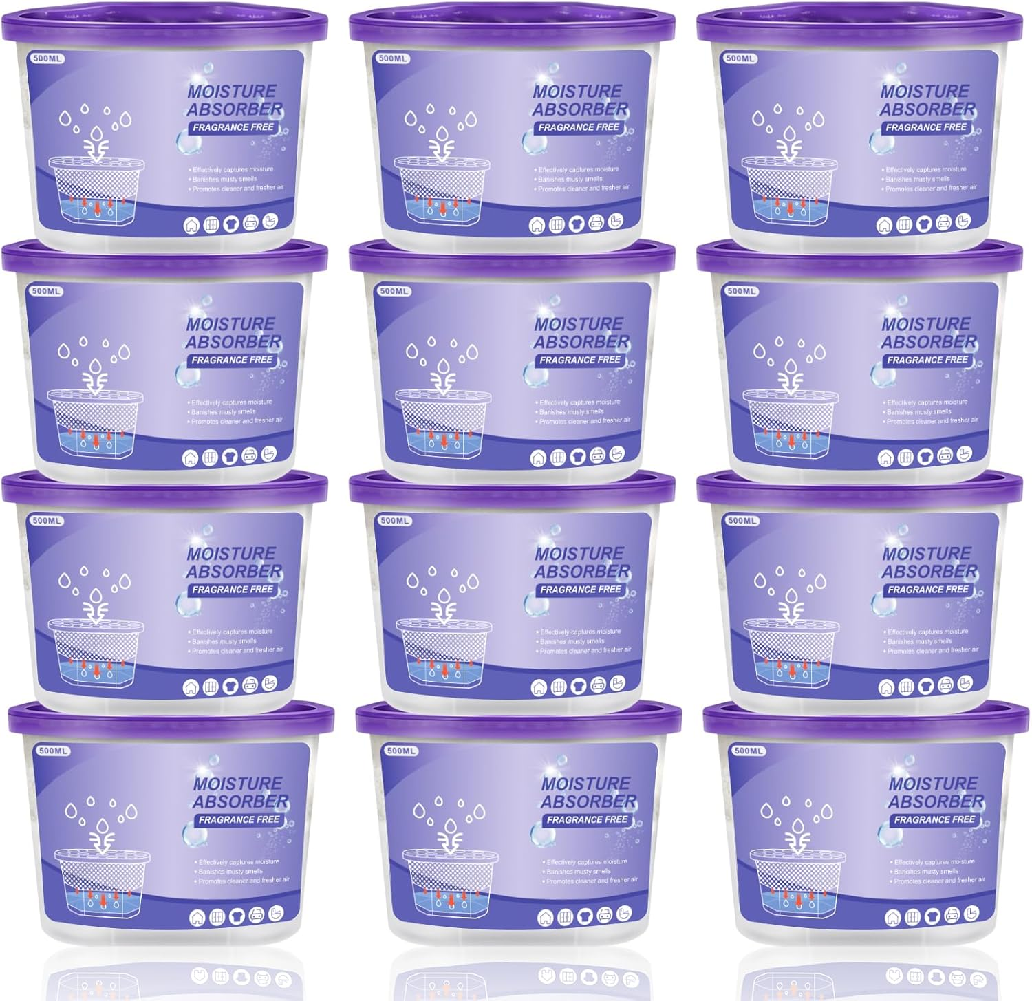 TFMOJHST Fragrance Free Moisture Absorption Box, Dehumidifier Bucket,Portable Dehumidifier Moisture Absorbers for Cars,Closet, Bathrooms, Kitchens, Laundry Rooms, Basements Etc(12 Pack,Purple) image number 2