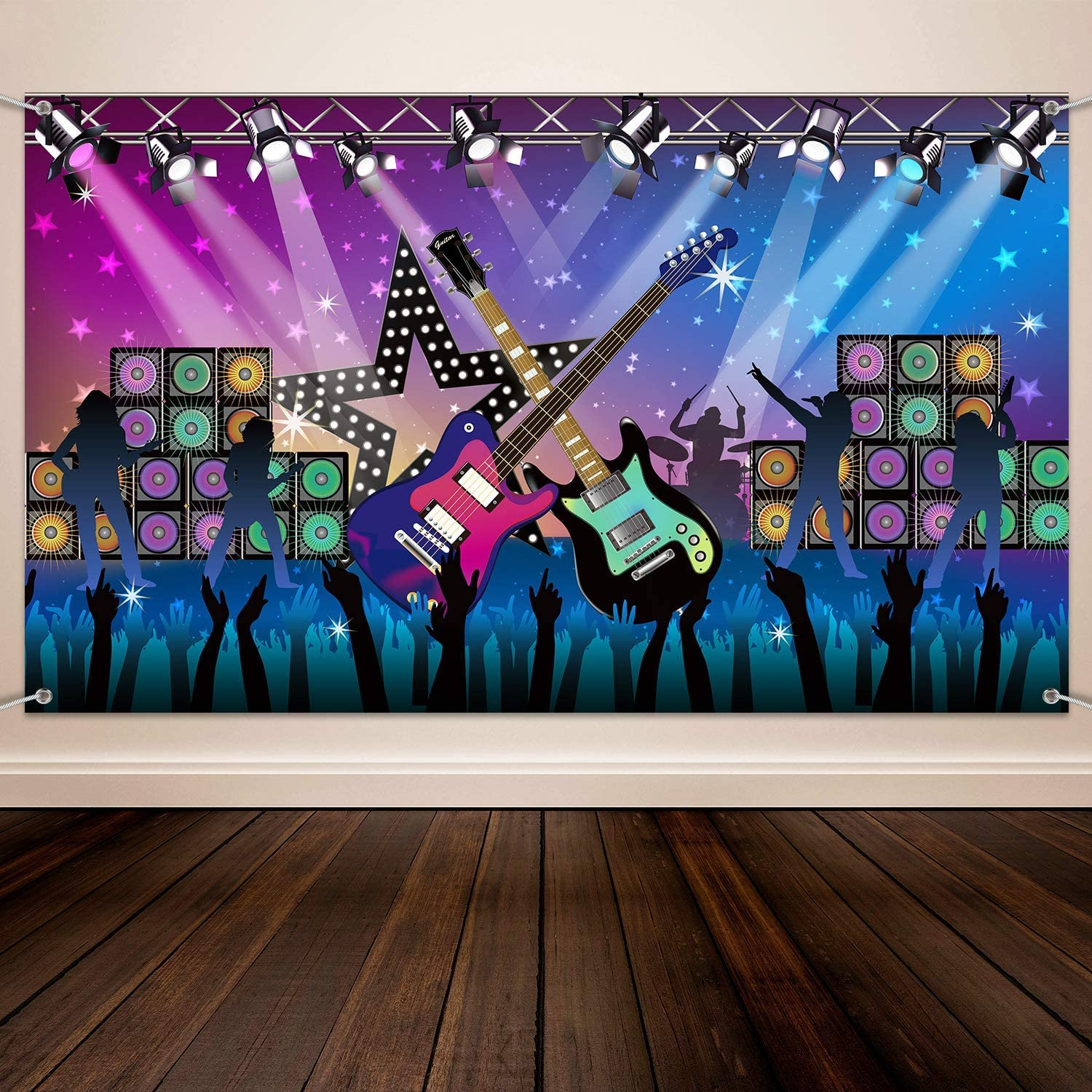 Karaoke Party Decorations Supplies, Large Fabric Rock Star Vacation Party Backdrop Banner for Rock N Roll Party Decorations, Rock Star Banner Background, 72.8 X 43.3 Inch image number 6