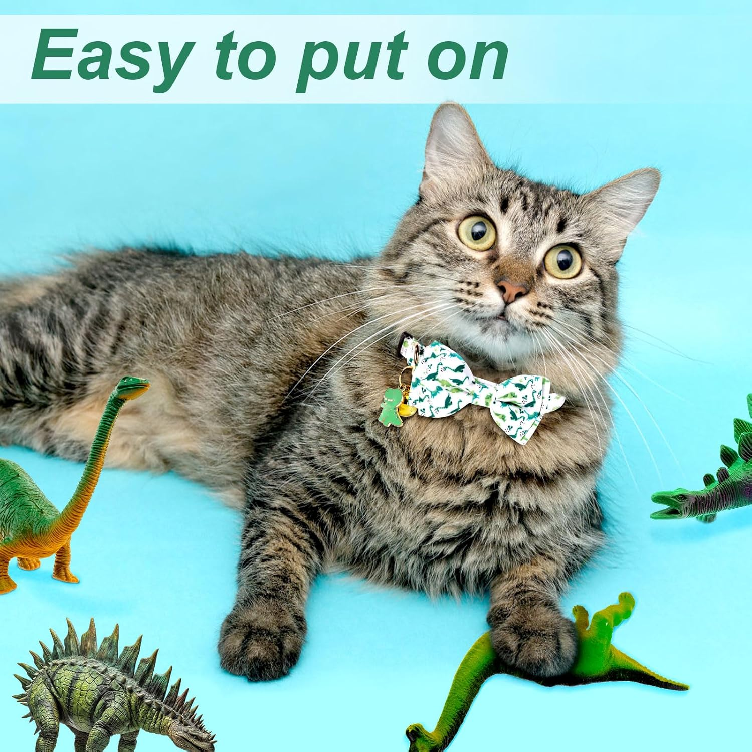 2Pcs Dinosaur Patterned Cat Collar, Cat Collar with Bell Adjustable Dinosaur Cat Collars Bowtie Cat Collar Fancy Cat Collar for Male and Female Cats image number 4