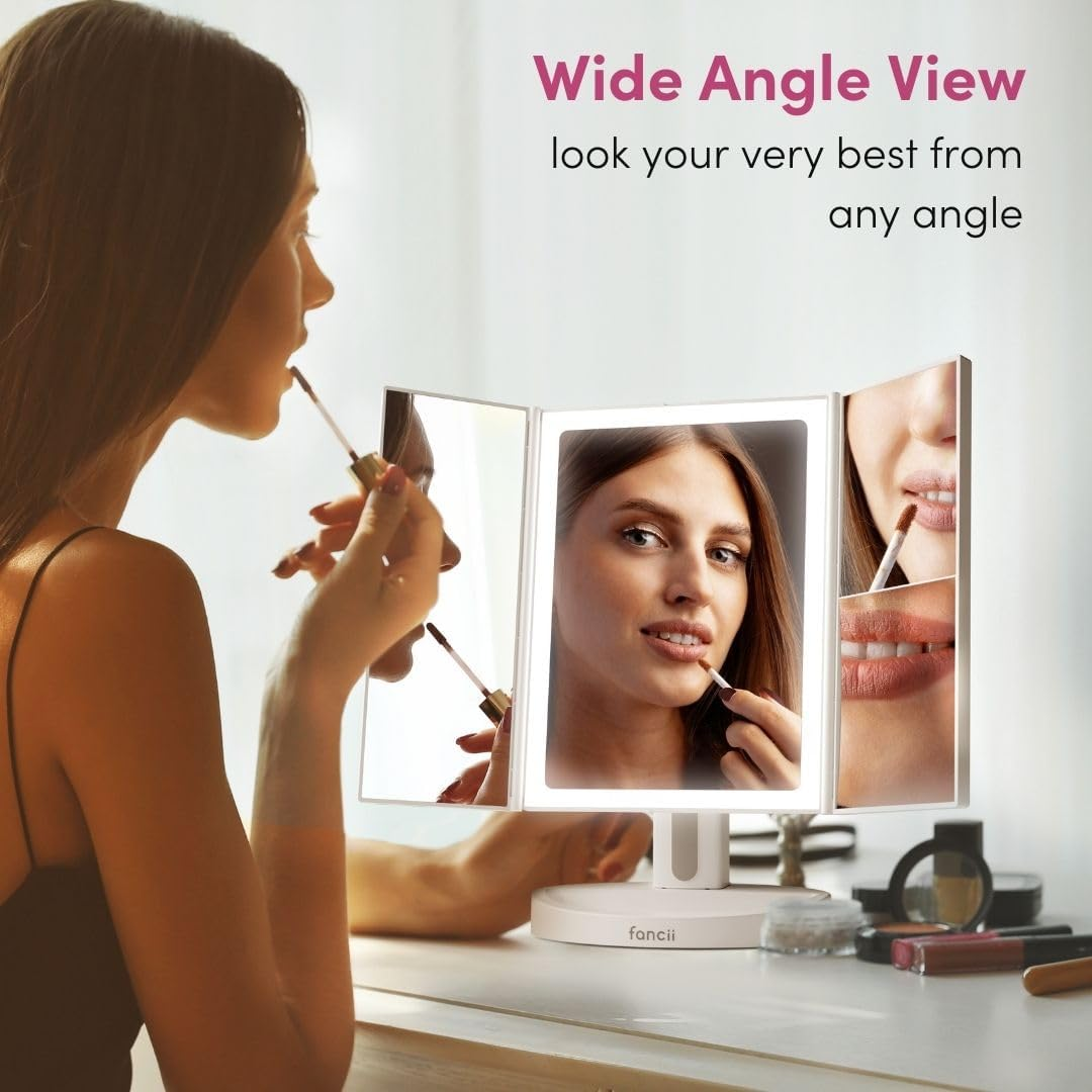 Fancii LED Lighted Makeup Mirror, Rechargeable Vanity Trifold Mirror with 5X & 10X Magnifications - 68 Dimmable Natural Lights, Touch Screen, Best Adjustable Make up Mirror with Cosmetic Stand, Tria 2 image number 2