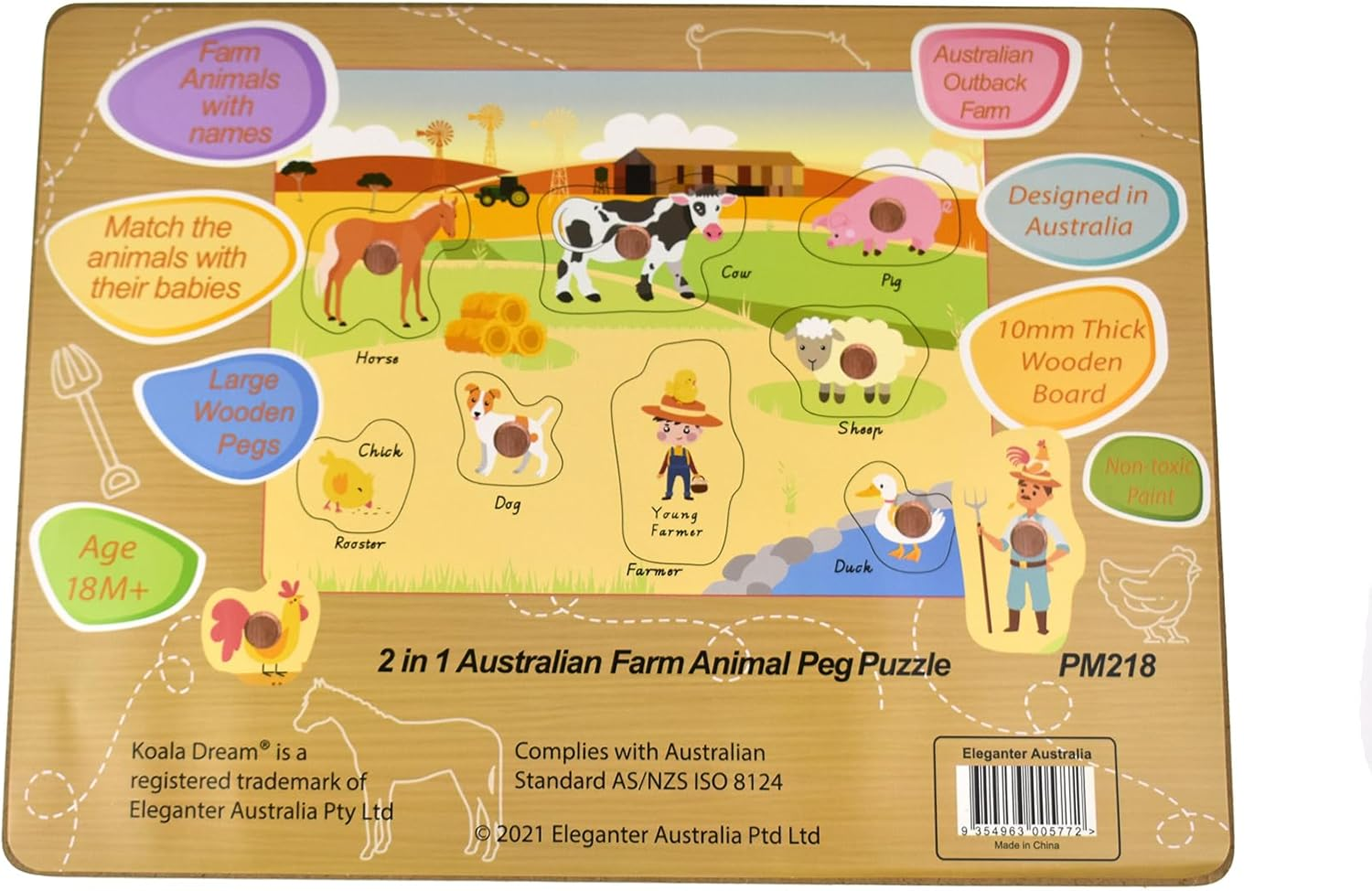 Koala Dream 2 in 1 Australian Farm Animal Peg Puzzle - Educational Pegboard Puzzle