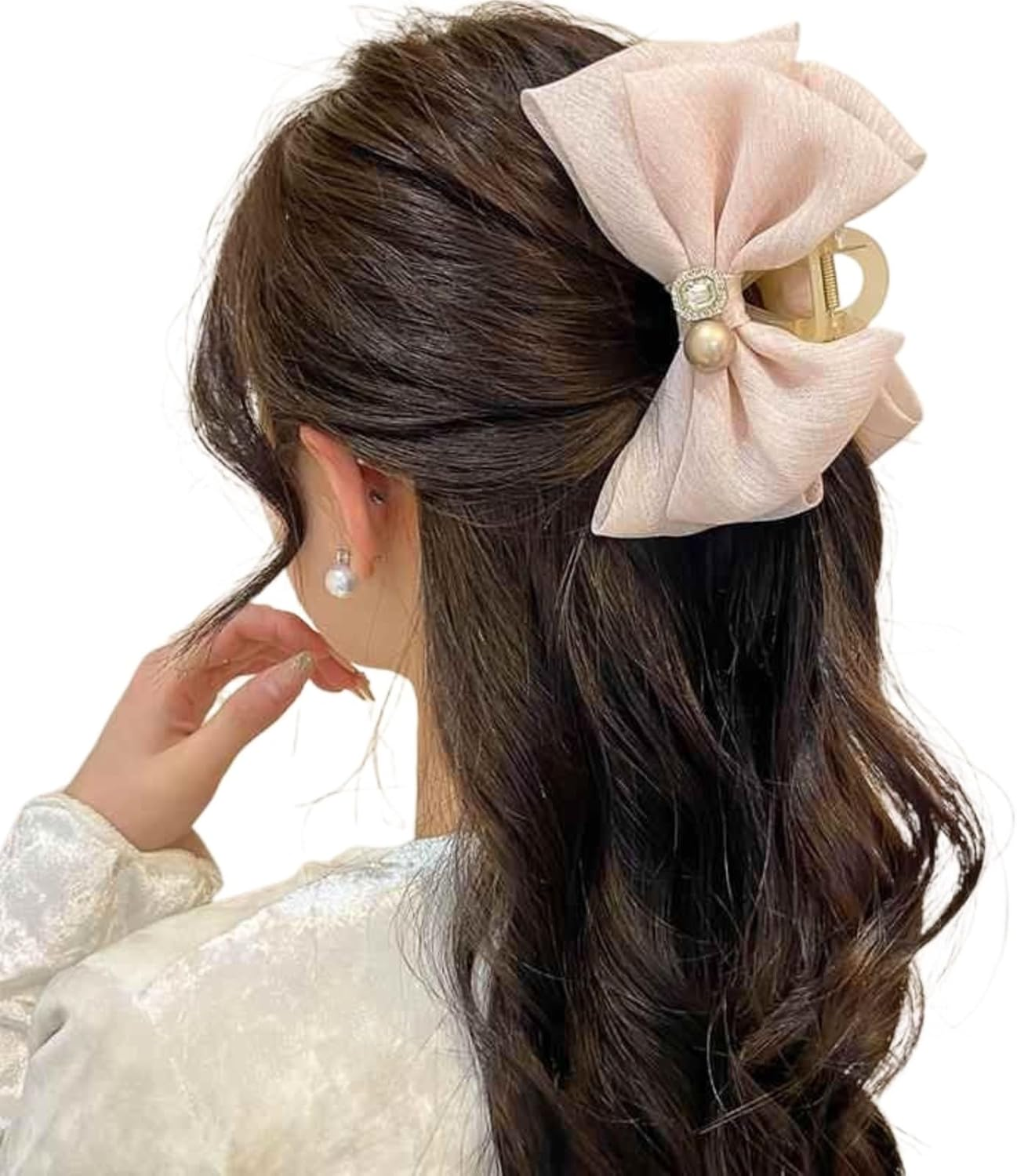 Tulle Bow Hair Clip with Rhinestones - Large Claw Hair Accessory for Thick Hair Ponytails, Chiffon Bow and Mesh Bowknot (Black)
