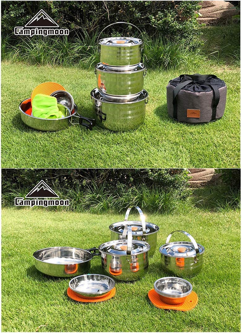 CAMPINGMOON Stainless Steel Outdoor Camping Nesting Mess Kit Cookware Set Pots Pans with Storage Carrying Bag image number 1
