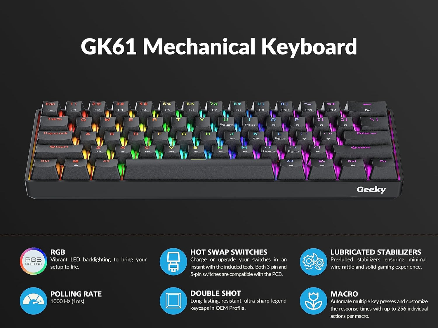 Geeky GK61 60% | Hot Swappable Mechanical Gaming Keyboard | 61 Keys Multi Color RGB LED Backlit for Pc/Mac Gamer | ANSI US American Layout (Black, Mechanical Speed Yellow) image number 2