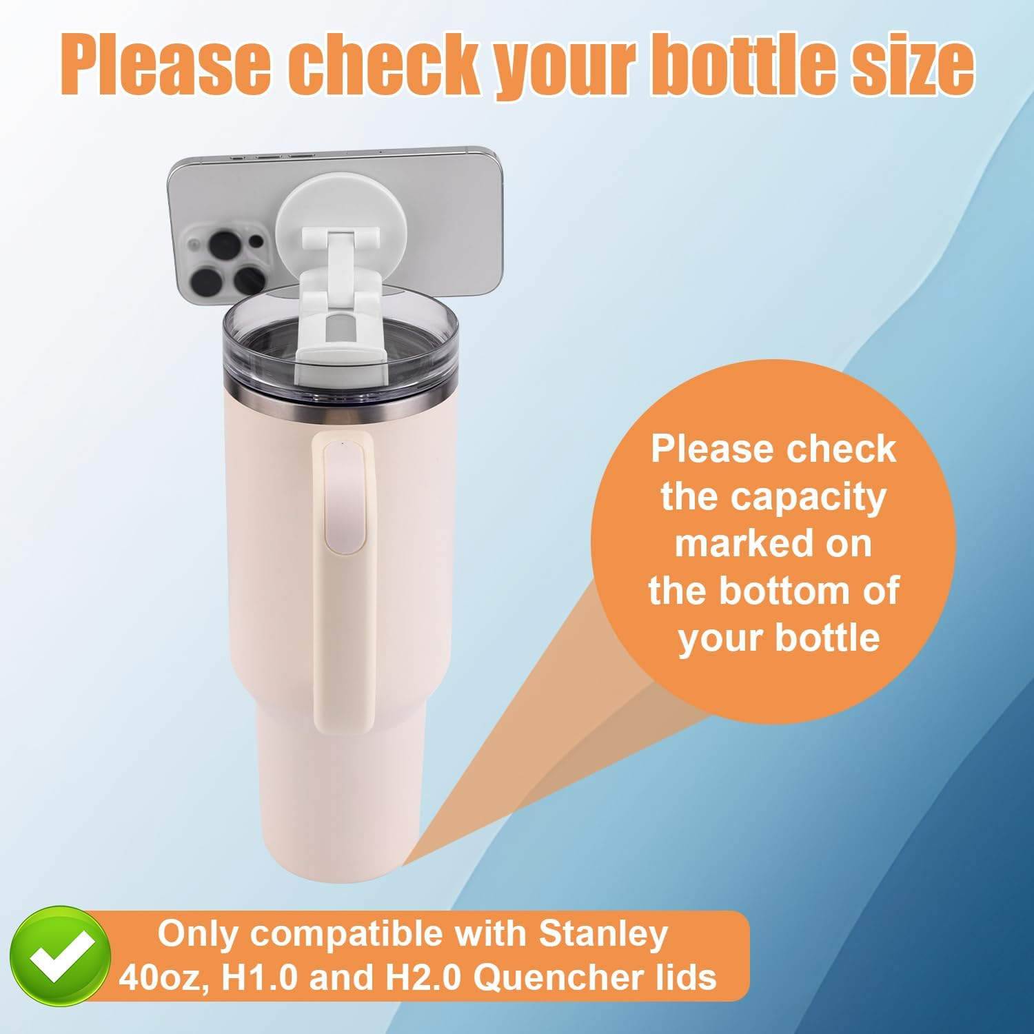 BOXOB Phone Holder for Stanley Cup 40Oz Quencher H1.0 H2.0 Lids, Hands Free Magnetic Foldable Mobile Phone Holder Tumbler for Stanley Cup Accessories Magsafe Phones - White image number 2