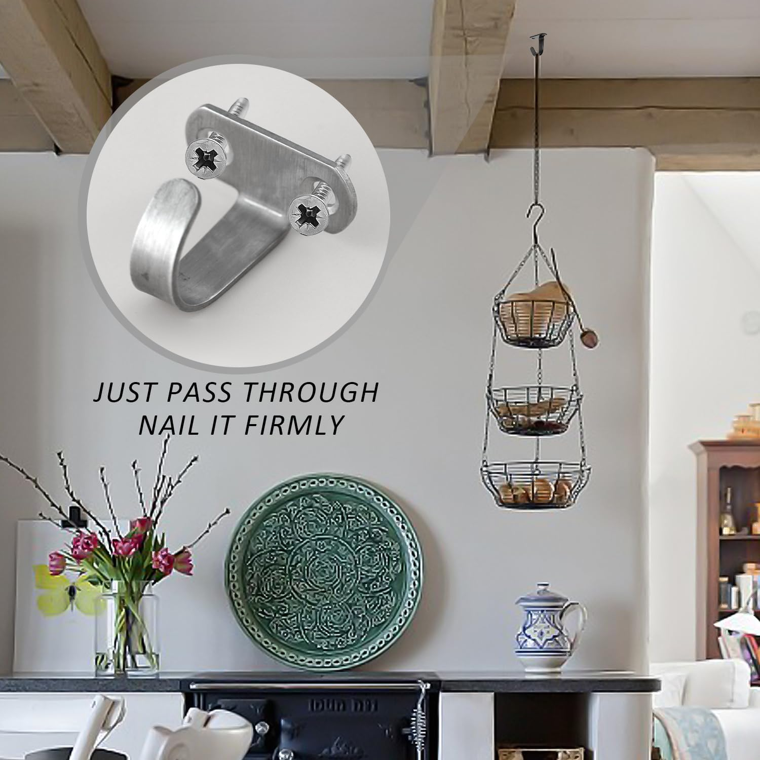 KRYMSON Pack of 10 Ceiling Hooks with 1 Storage Bag, Threaded Hooks, Wall Screw Hooks, Stainless Steel Ceiling Hooks, Ceiling Hooks for Kitchen, Bathroom, for Hanging Keys, Towels