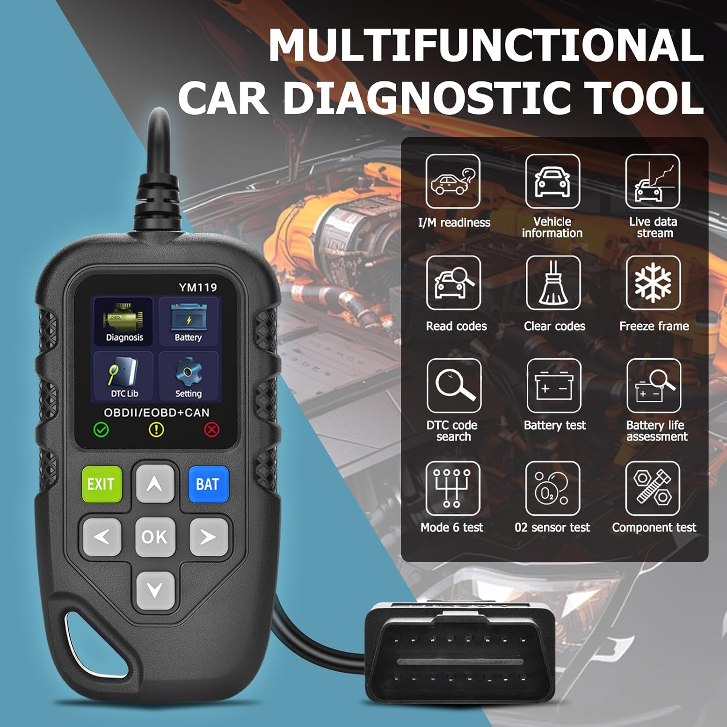 Amtake OBD2 Scanner, Car Diagnostic Tool Full OBD2 Functions, Code Reader, I/M Readiness, Battery Life Assessment, Check Engine Light, 13 Languages Automotive Diagnostic Tool for Cars after 1996 image number 5