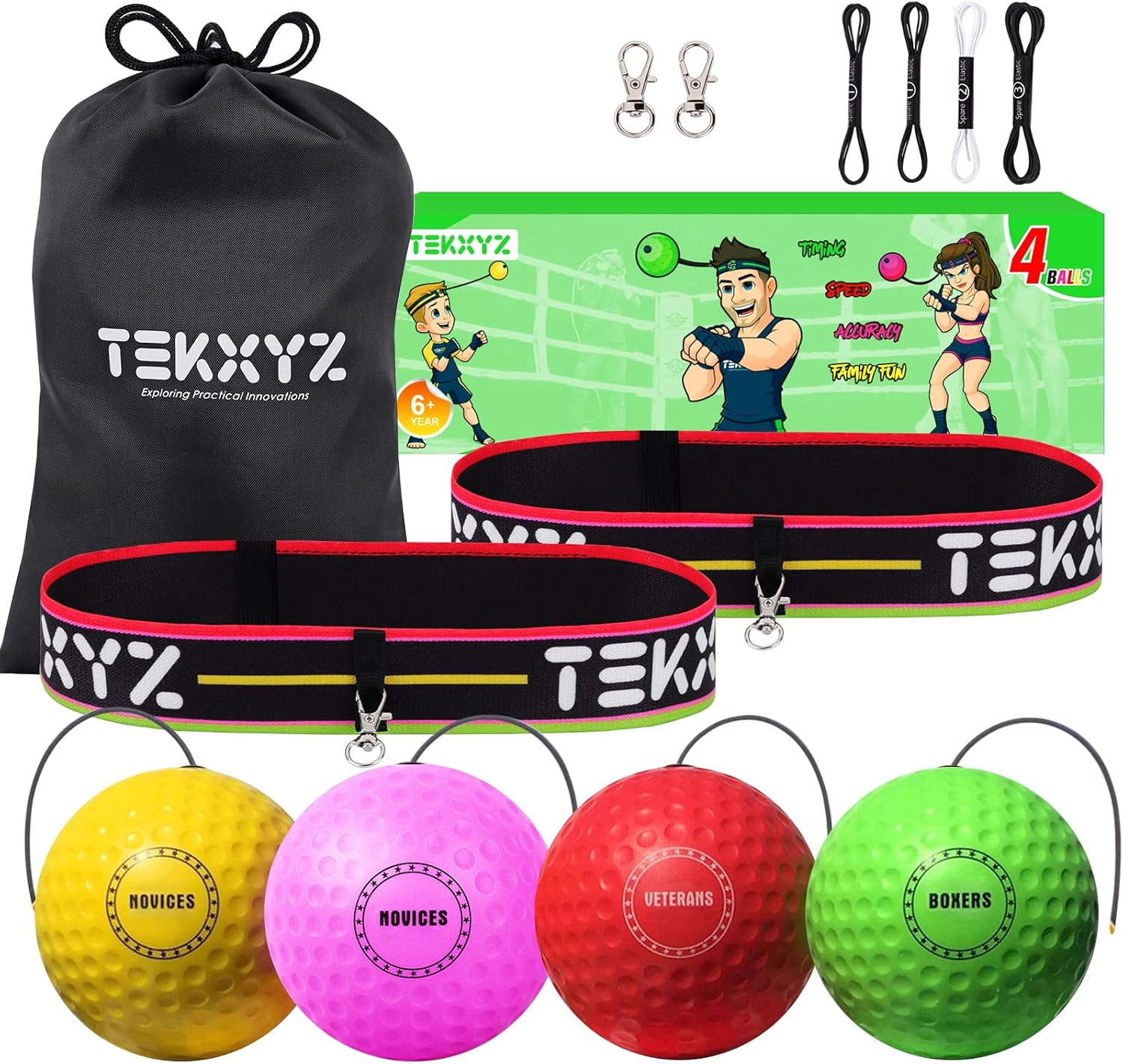 TEKXYZ Boxing Reflex Ball Family Pack, 4 Different Boxing Ball with Headband, Softer than Tennis Ball, Perfect for Reaction, Agility, Punching Speed, Fight Skill and Hand Eye Coordination Training