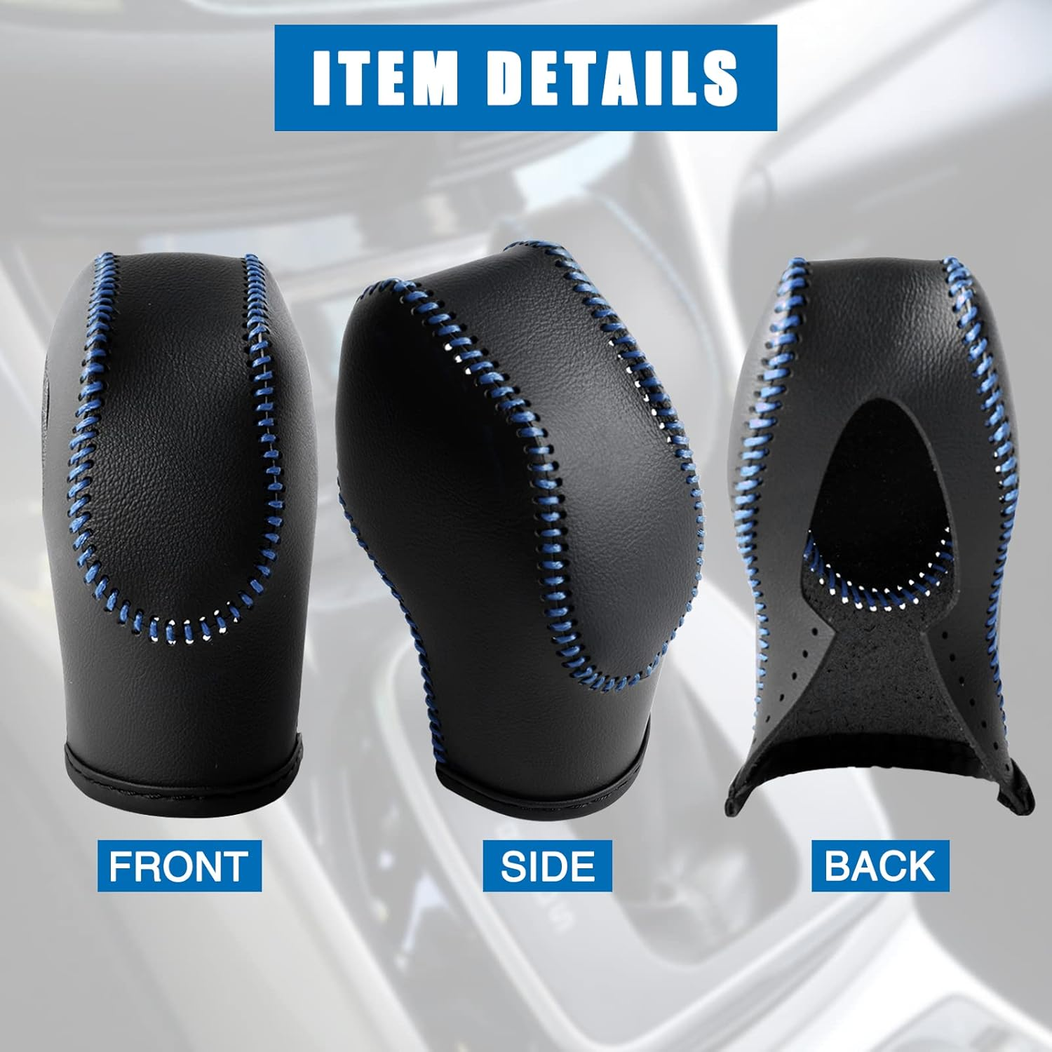 AICARS Leather Gear Shift Knob Cover Compatible with Ford Focus丨 Escape丨 Fusion丨 C-Max Energi Wagon丨 Transit 丨 Fiesta 2012-2019 Black Leather with Blue Stitches Shifter Knob Cover- Black - Red image number 2