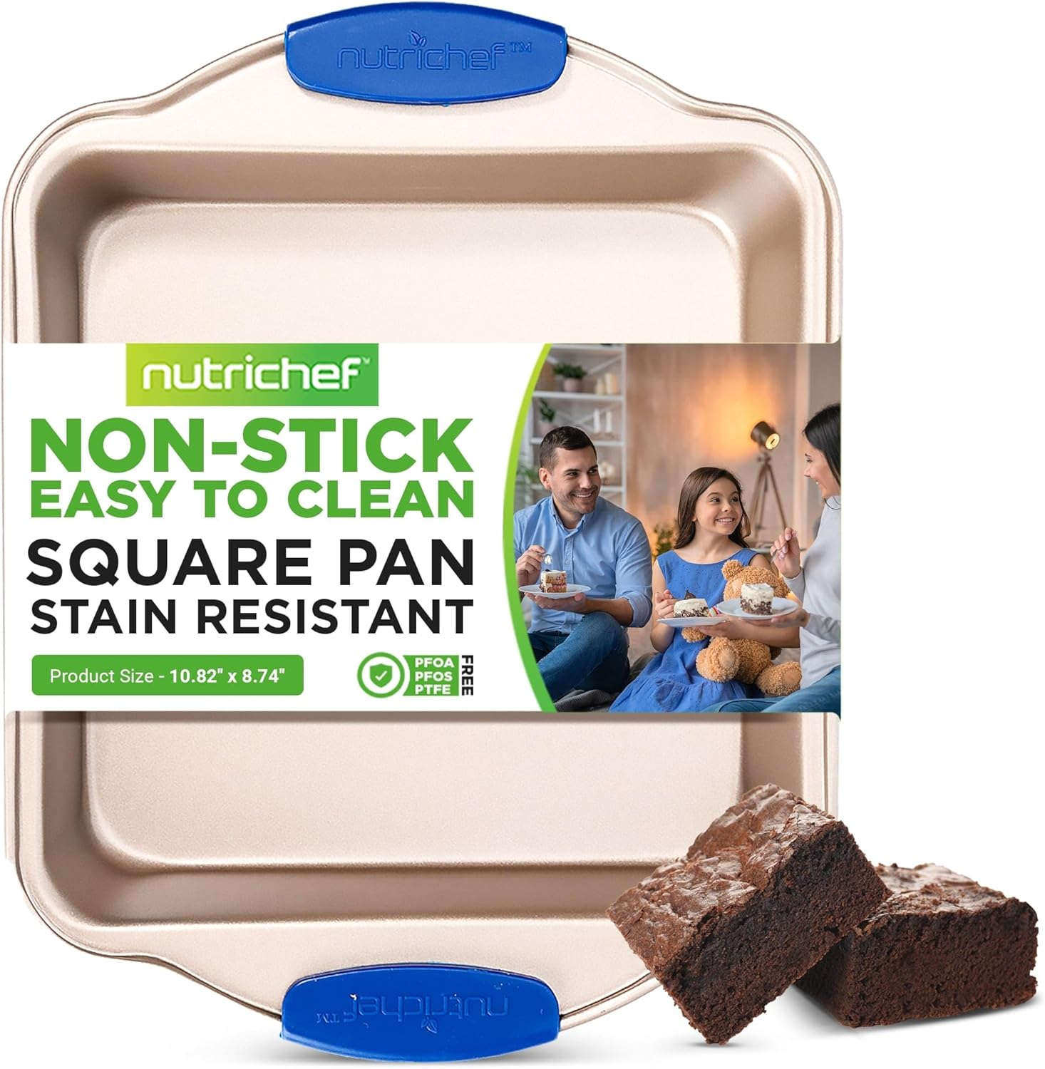 Nutrichef Jovial Non Stick Cake Square Pan, Deluxe Gray Carbon Steel Pan with Red Silicone Handles, for Cooking & Baking Cake Loaf, Muffins & More, Compatible with Model NCSBS10S, NCSBS8S, NCSBS6S