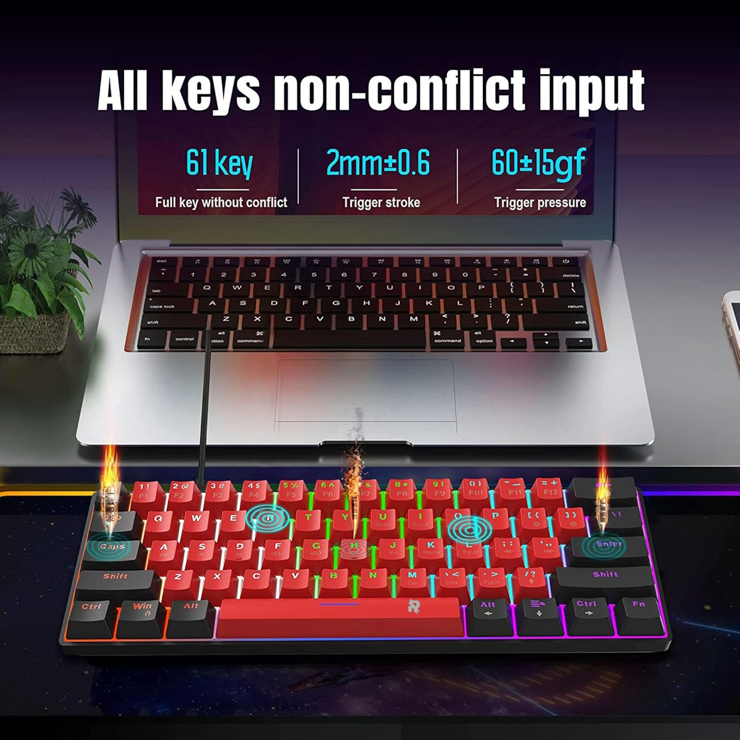 ROCK POW Wired Mechanical PC Gaming Keyboard, LED Backlit 61 Keys Small Wired Office Mechanical Mini Keyboard for Windows Laptop PC Mac (Black-Red, Blue Switches)