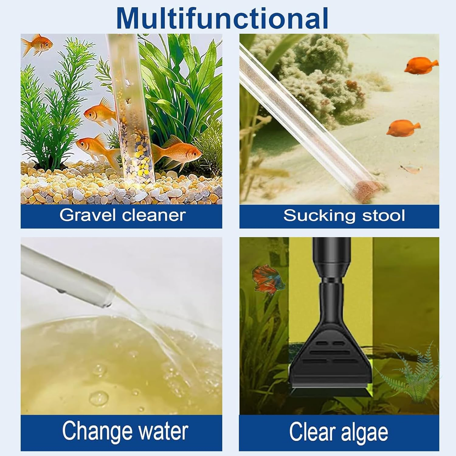 Fish Tank Vacuum Gravel Cleaner,Aquarium Water Changer with Air Push Button,Fish Tank Cleaner Kit with Sponge Brush Algae Scraper,Fish Net Use for Fish Tank Cleaning Gravel and Sand