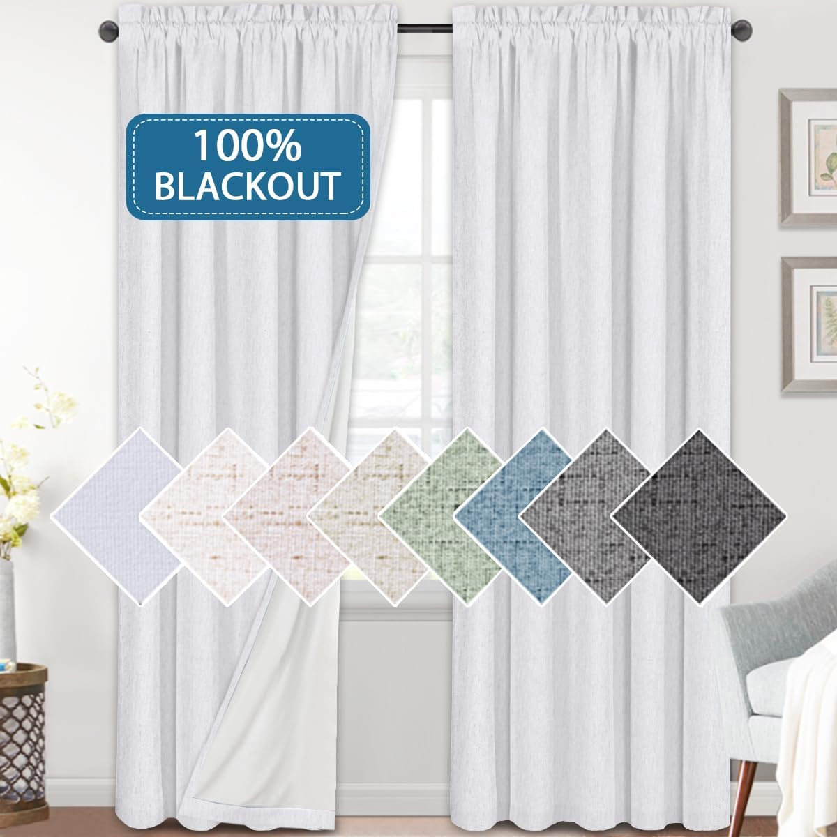 H.VERSAILTEX Linen Look 100% Blackout Curtains for Bedroom Full Light Blocking Rod Pocket Linen Textured Thick Window Curtain Drapes with White Backing, 2 Panels Set, Each W132Cm X D213Cm, Pure White image number 5