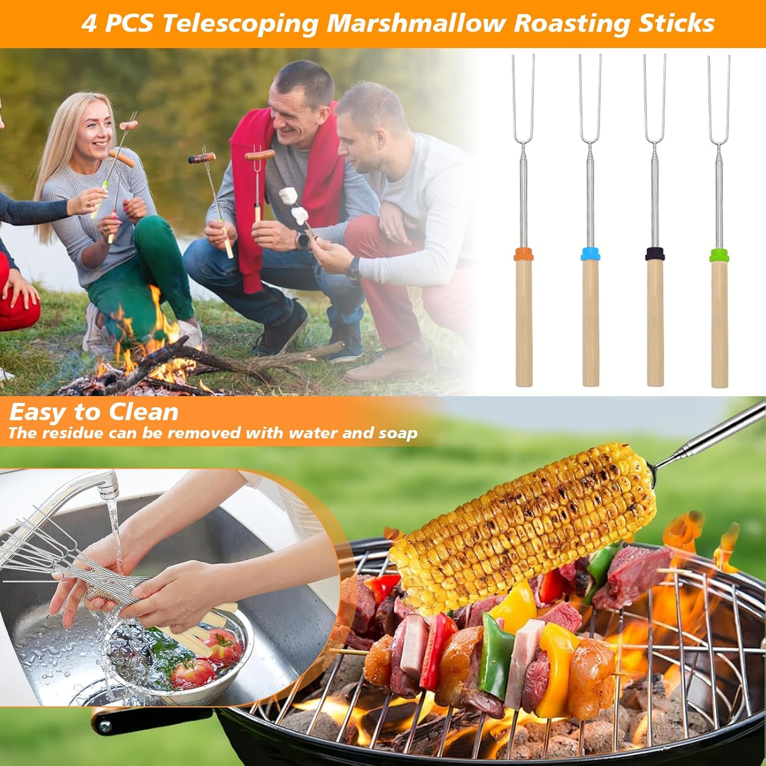 Telescoping Marshmallow Roasting Sticks, Extra-Long Scalable Smores Skewers for Campfire, Fire Pit, BBQ & Hot Dog - Stainless Steel Extendable Forks for Outdoor Cooking, Camping Picnics (4PCS) image number 4
