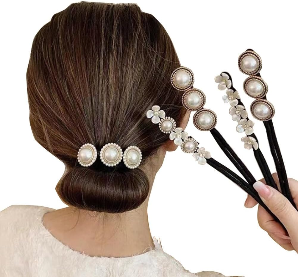 OHEETU 4Pcs Women Magic Hair Bun Maker French Hairstyle Hair Twist Curler with Pearl and Flower Buns Shaper Donut Bun Maker Elegant DIY Hair Styling Accessories for Women Girls image number 1