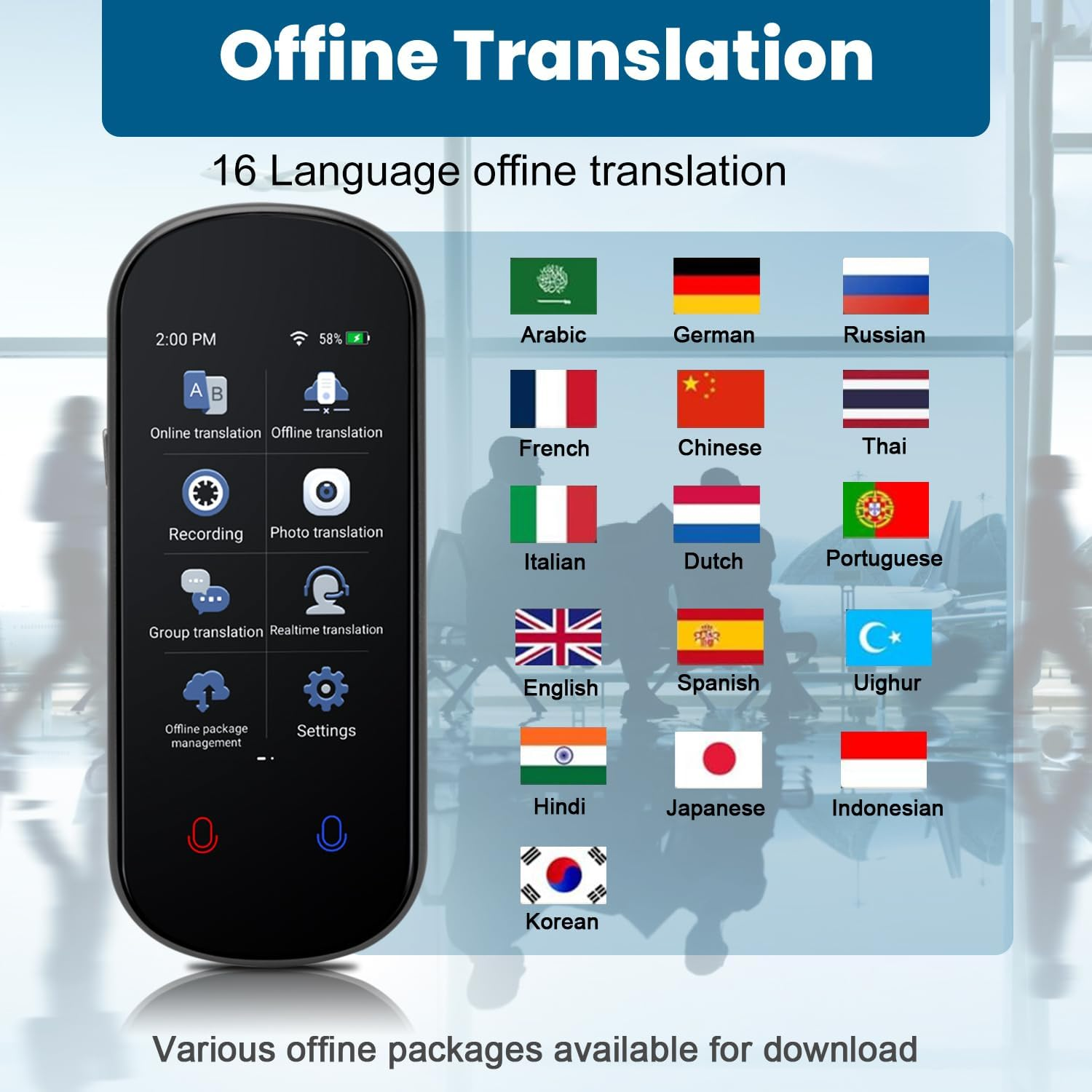 RAVIAD Language Translator Device, Two Way Real-Time Voice Translation, Support for 138 Languages, Instant Translation Offline&Recording&Photo with 3&rdquo; HD Inch, Touch Screen for Travel Business, Black image number 2
