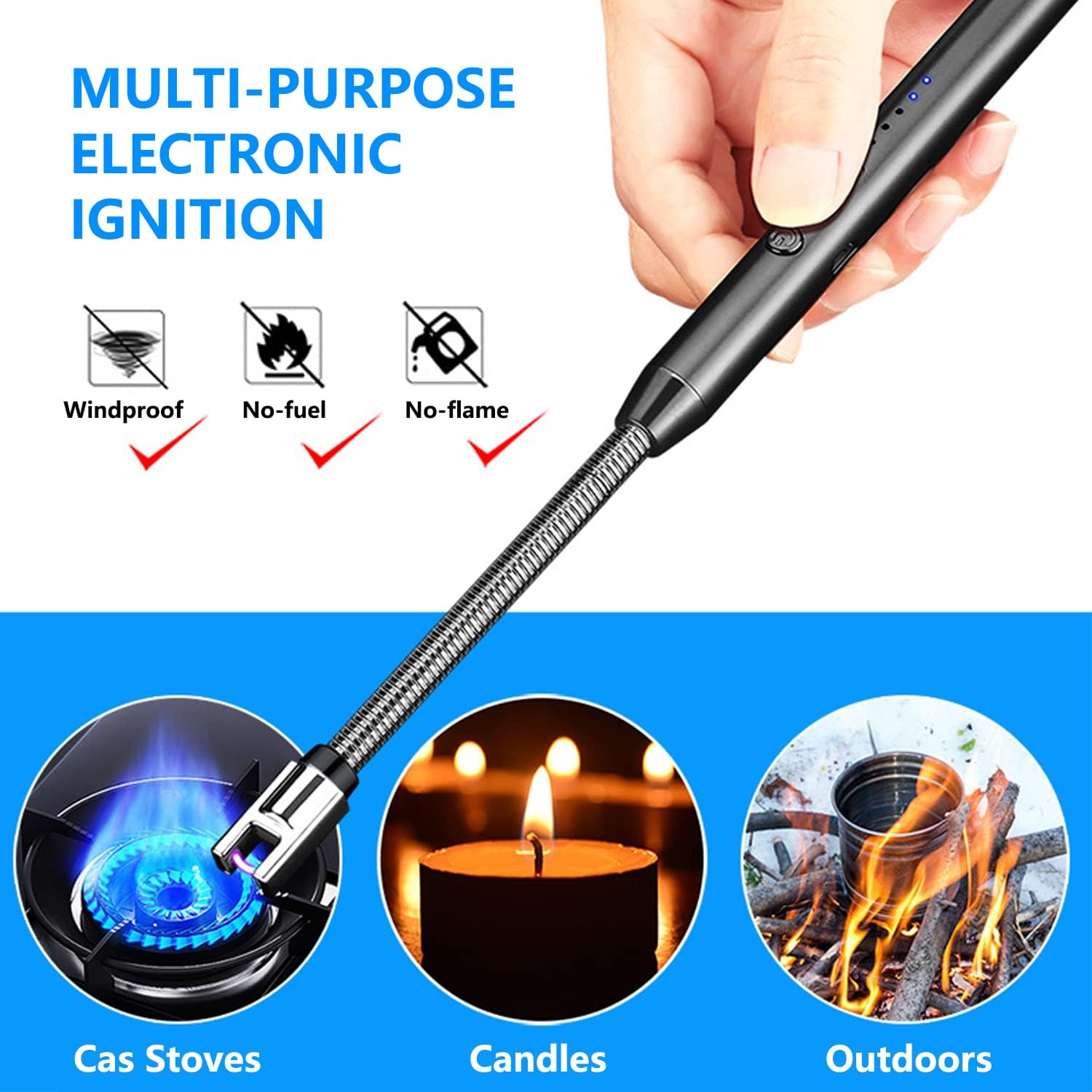 Candle Lighter, Electric Lighter Rechargeable Flameless Long Lighter with Battery Indicator Windproof 360&deg;Flexible Arc Lighters for Candle Grill Kitchen Gadgets Stove Fireplace BBQ Camping, Safe Lock image number 1