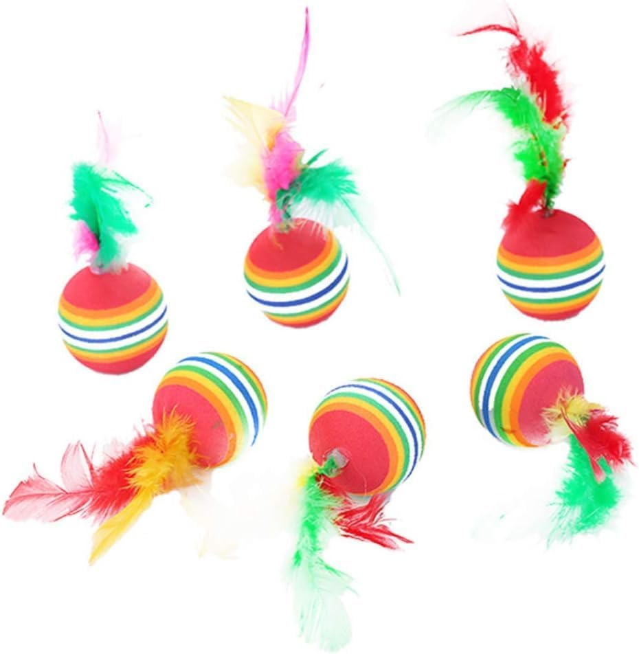 Pack of 6Pcs Cat Balls Soft EVA Foam with Feathers Colorful Rainbow Balls Interactive Kitten Cats Small Dogs Puppies Doggies Quiet Indoor Outdoor Play Activity Chase Training image number 1