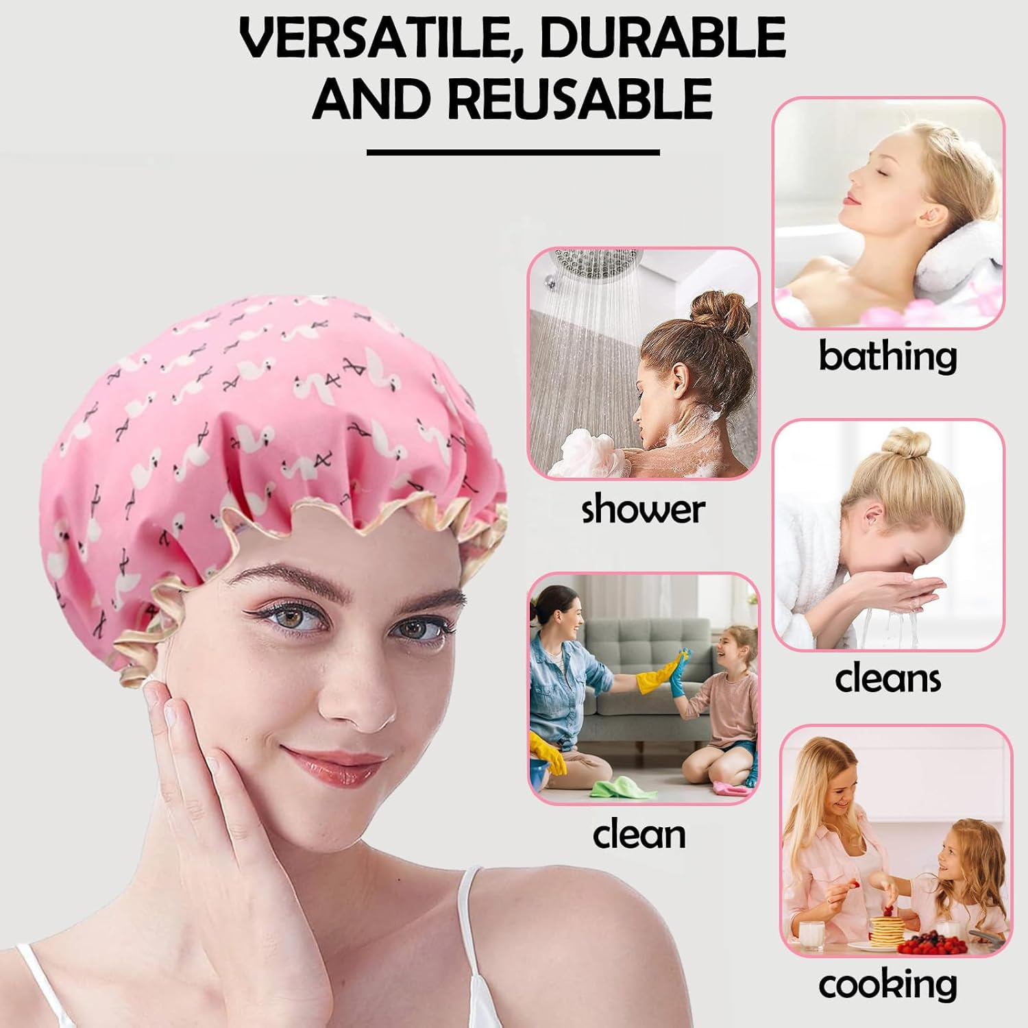 Pack of 2 | Shower Caps for Women, Double Layers Waterproof Bath Caps with Elastic Band, Reusable Shower Hat for Keeping Hair Dry Kitchen Oil-Proof Cap for Adults and Children image number 4