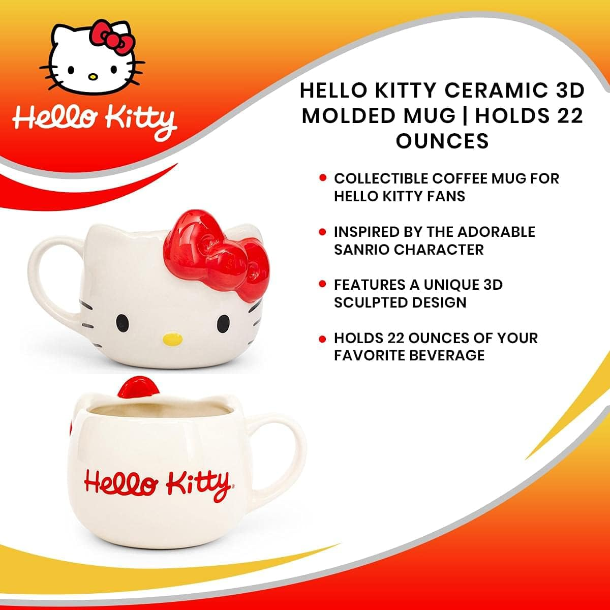 Silver Buffalo Hello Kitty Face Ceramic 3D Sculpted Mug, 22-Ounces image number 3