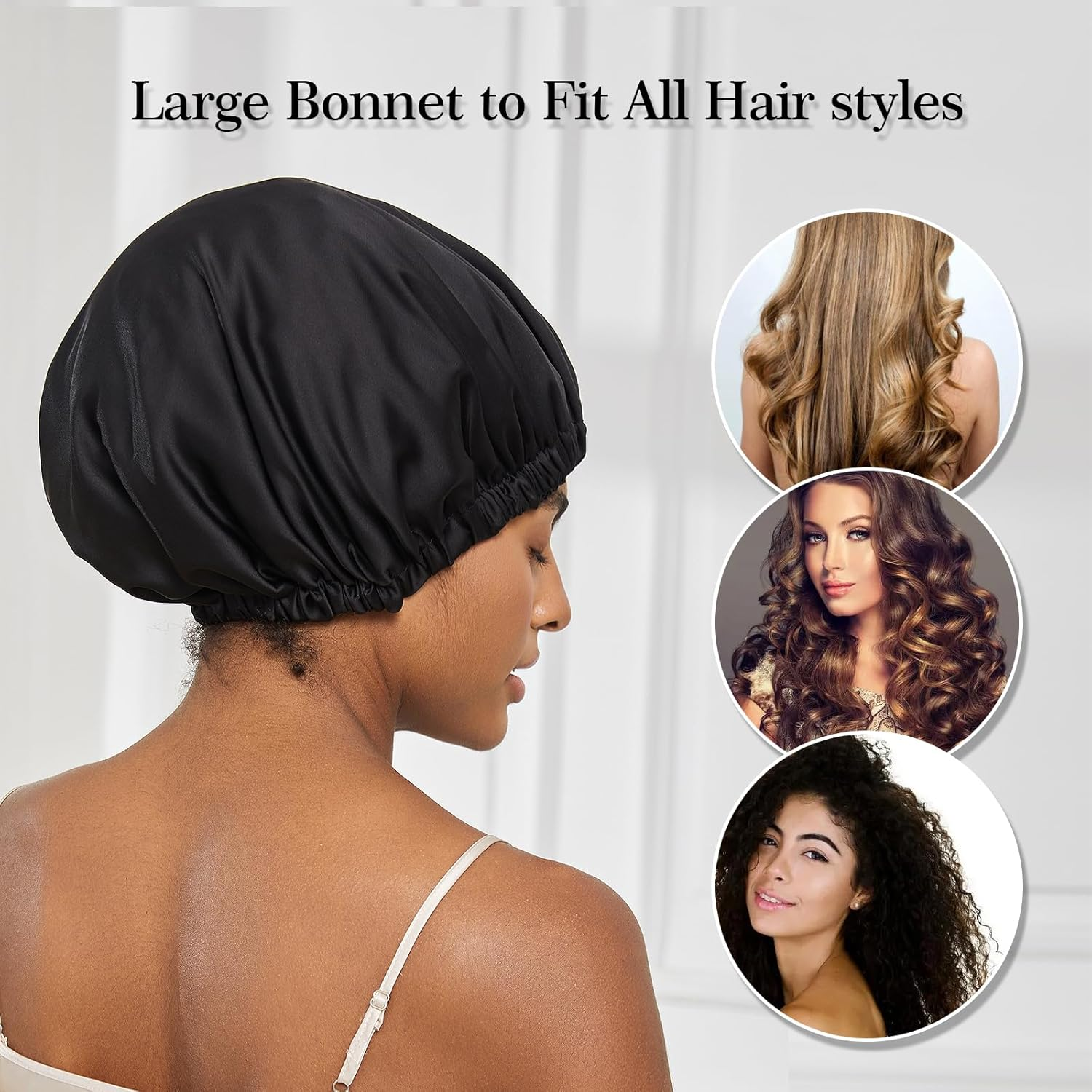 Satin Bonnet Silk Bonnet for Sleeping Women, Double Layer Hair Bonnet Wrap Sleep Cap for Women Curly Hair, Black, One Size - Teal image number 3