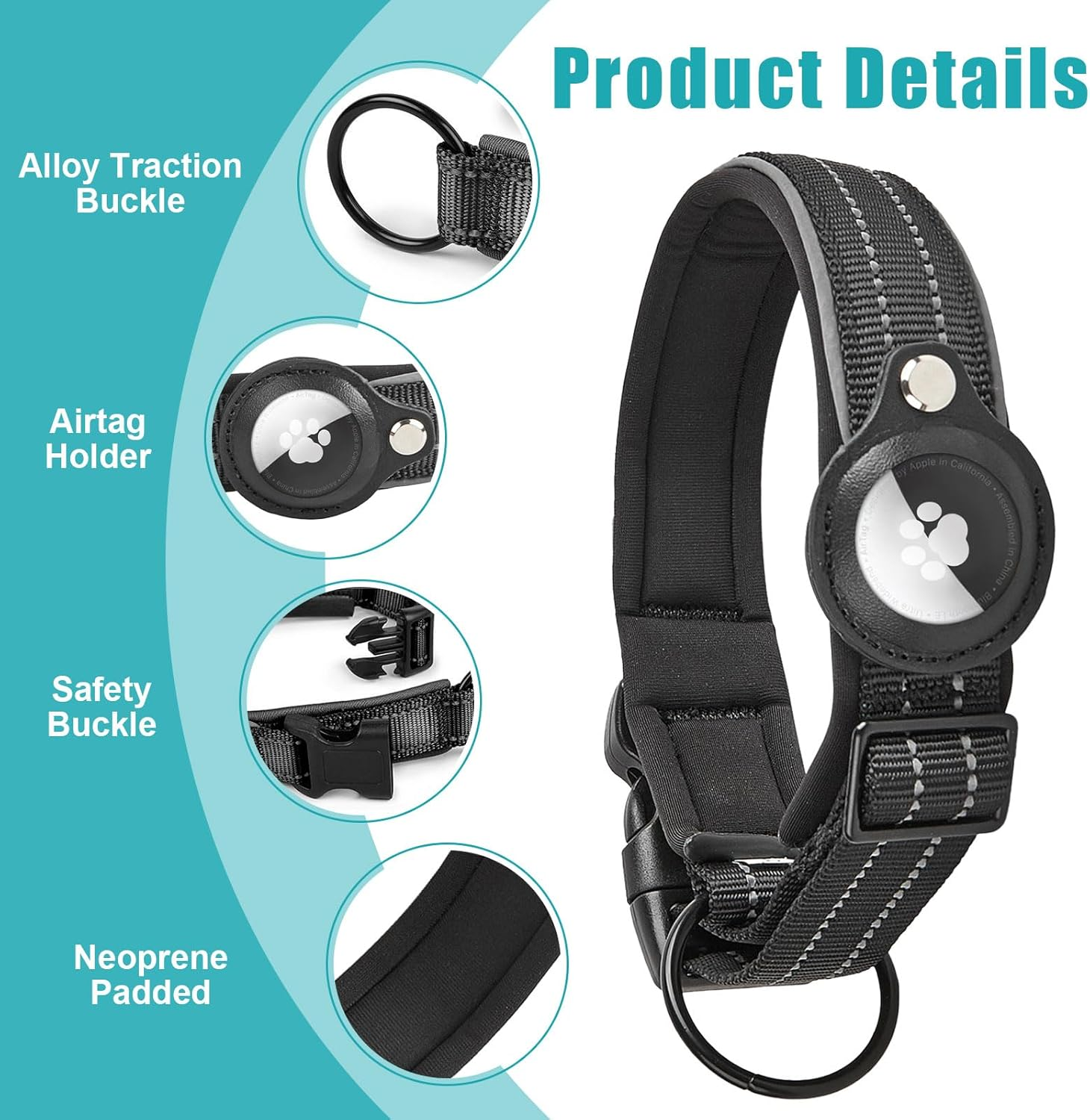 Boloshine Airtag Dog Collar, Adjustable Reflective Nylon Dog Collar, with Quick Release Buckle and Holder for Apple Air Tag, Durable Anti-Lost Dog Collars for Small Medium Large Dogs (Cyan, L) image number 1