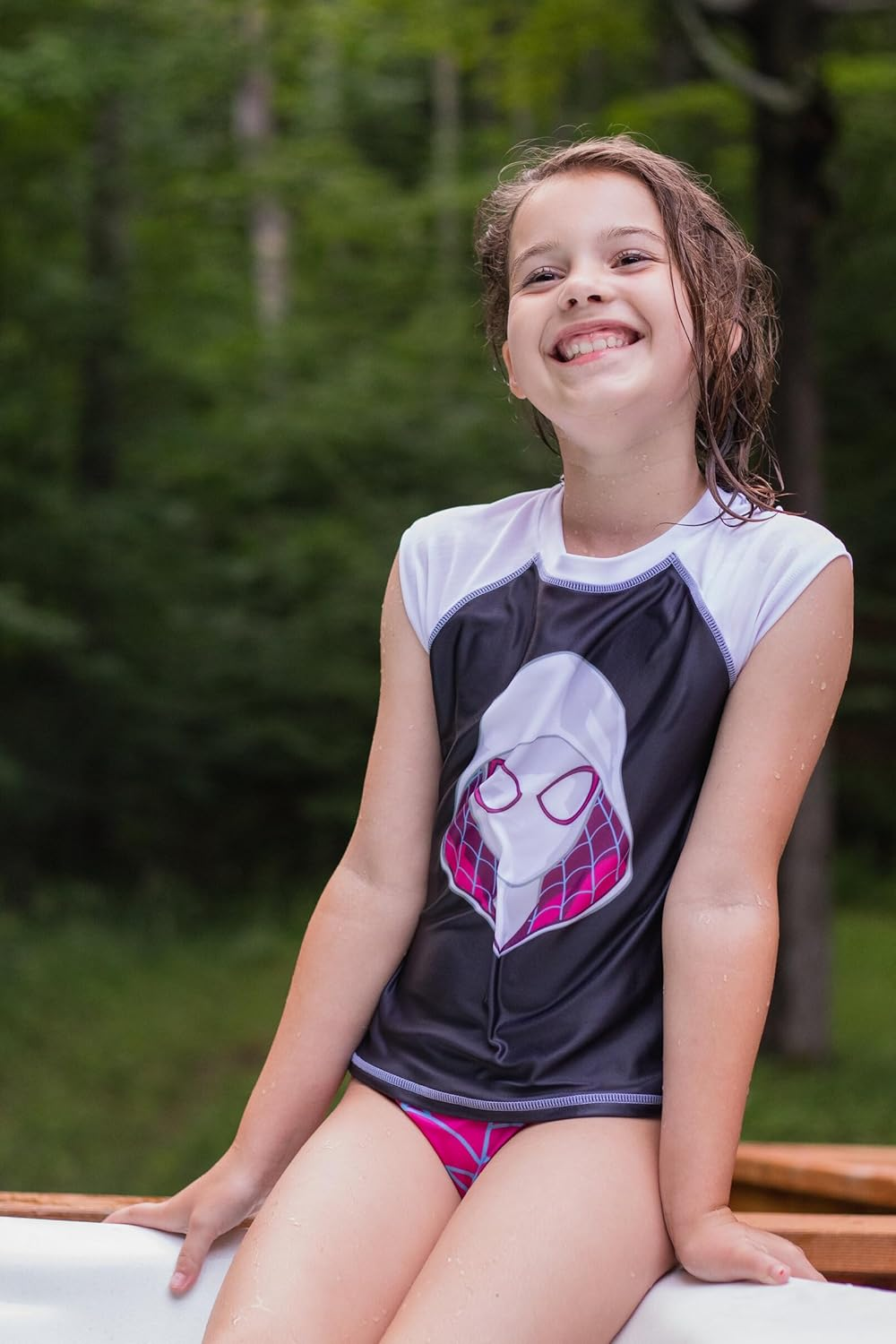 Marvel Spider-Man Spider-Gwen Girls UPF 50+ Rash Guard & Bikini Bottom Swimsuit Set Toddler to Little Kid, Black/Purple image number 4