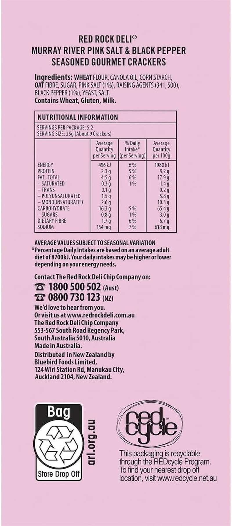 Red Rock Deli Gourmet Crackers with Murray River Pink Salt and Black Pepper 130 G