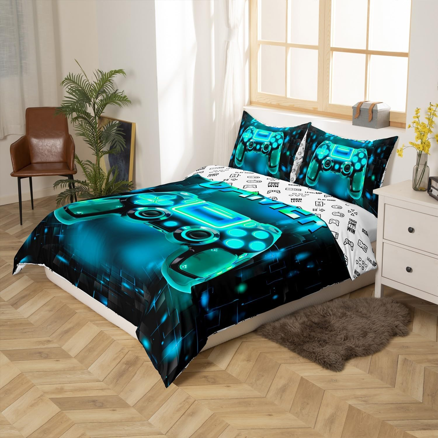 3 Pieces Watercolor Blue Game Duvet Cover Not Comforter,Neon Gamepad Kids Boys Gamer Bedroom Gift Bedding Set,Geometry Grids Square Modern Style All Season Bedding Queen Size image number 2