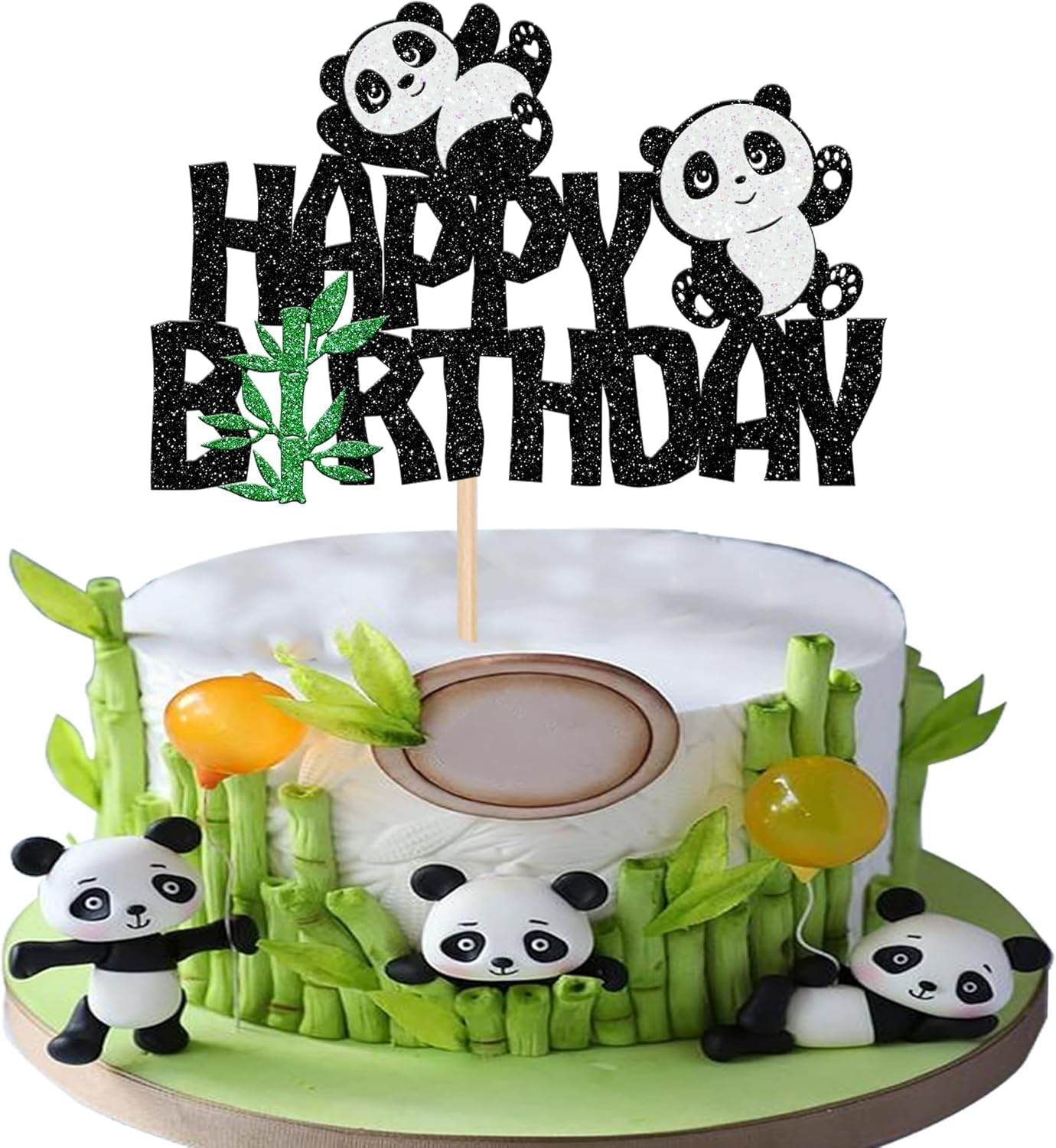 1 Pack Panda Happy Birthday Cake Topper Glitter Green Bamboo Cake Picks Cute Animal Bear Cake Decorations for Panda Theme Baby Shower Kids Birthday Party Supplies (Black)