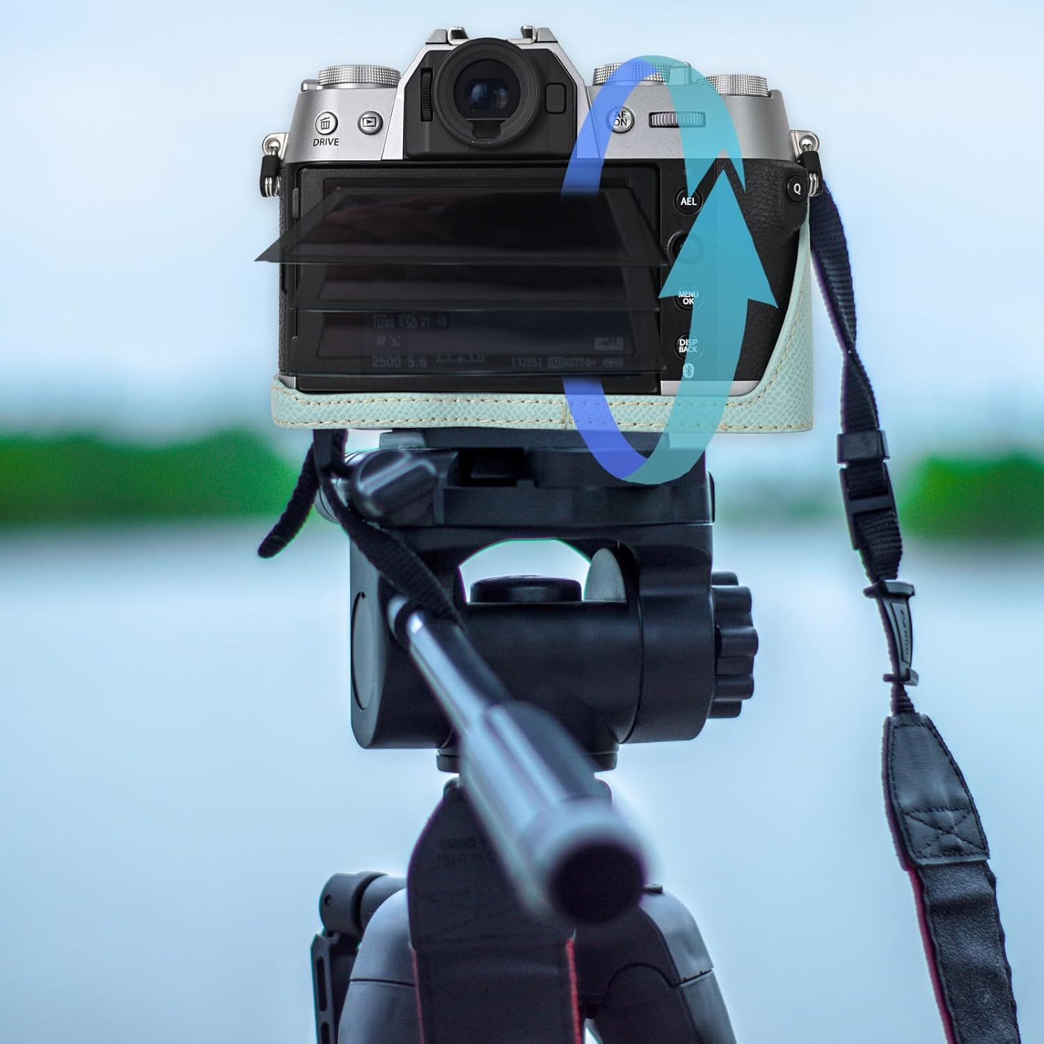 VOVMOEYA Camera Case for FUJIFILM X-T50 Mirrorless Digital Camera,Fuji XT50 Half Case with Soft Microfiber Inner,Function Well with 1/4"-20 Thread Hole Retro PU Leather Texture-Light Blue - Choc image number 5