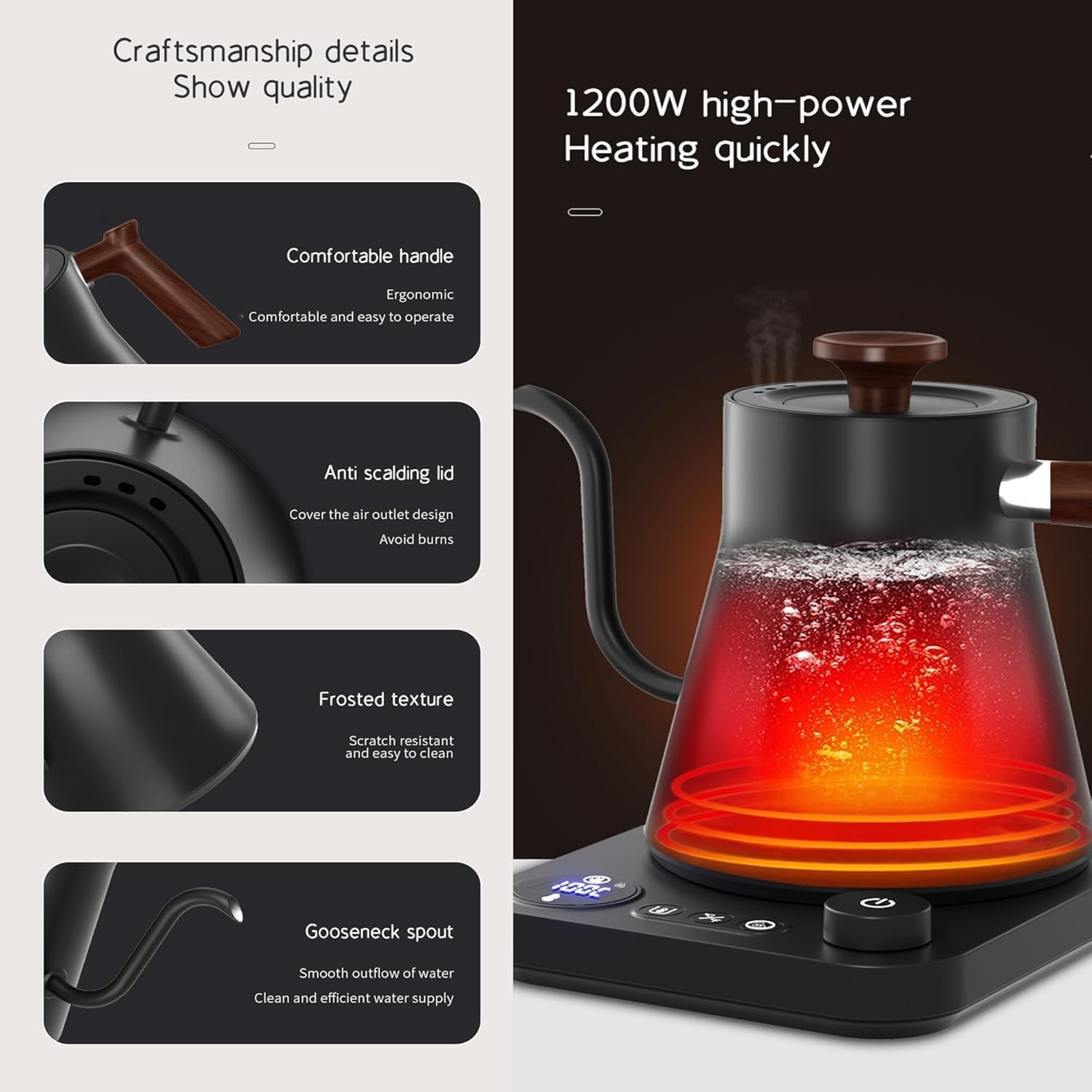 Electric Gooseneck Kettle with LCD Display, Real-Time Temp Control Hot Water Boiler to Pour over Coffee, Milk, Tea, Switchable ℉/℃, 1200 Watt Quick Heating Pot, 0.9L, 304 Stainless Steel image number 3