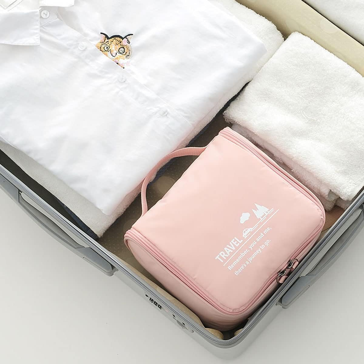 Flip Hook Type Polyester Fabric Travel Makeup Bag with Large Capacity Cosmetic, Portable Skincare Storage (Navy Bule) - Black image number 5