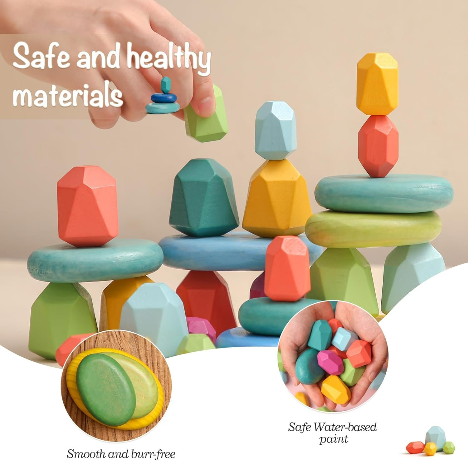 26Pcs Stacking Blocks Balancing Stones Wooden Building Toys Wood Stone Stacking Game for Toddler Sorting Preschool Educational Montessori Stacking Rocks for Kids image number 2