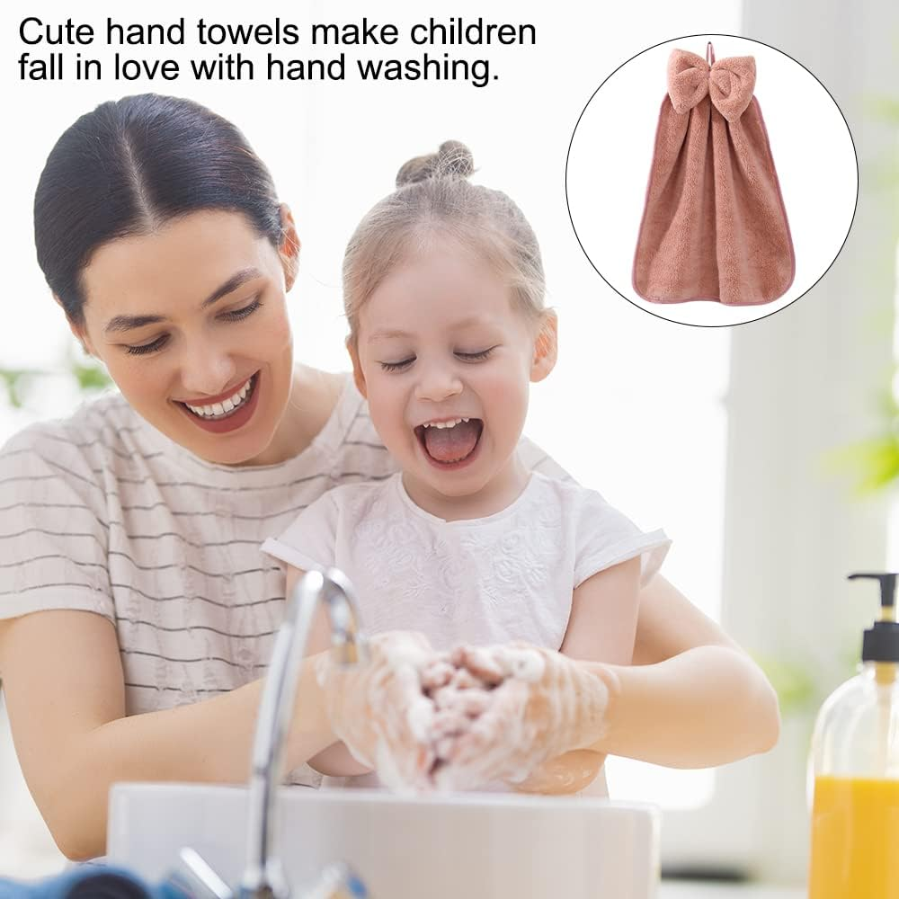 BOJVESH 4Pcs Bowknot Hanging Hand Dry Towels, Microfiber Coral Velvet Hand Towels Hanging Loop, Absorbent Super Soft Cute Hand Towels for Kitchen Bathroom Kids Adults&hellip;