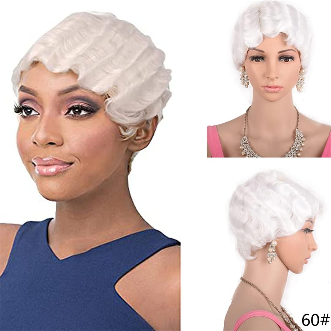 Synthetic Short Curly Finger Wave Wig for Black Women Heat White Blonde African American Mommy Wig Cosplay Pink 6Inches image number 3