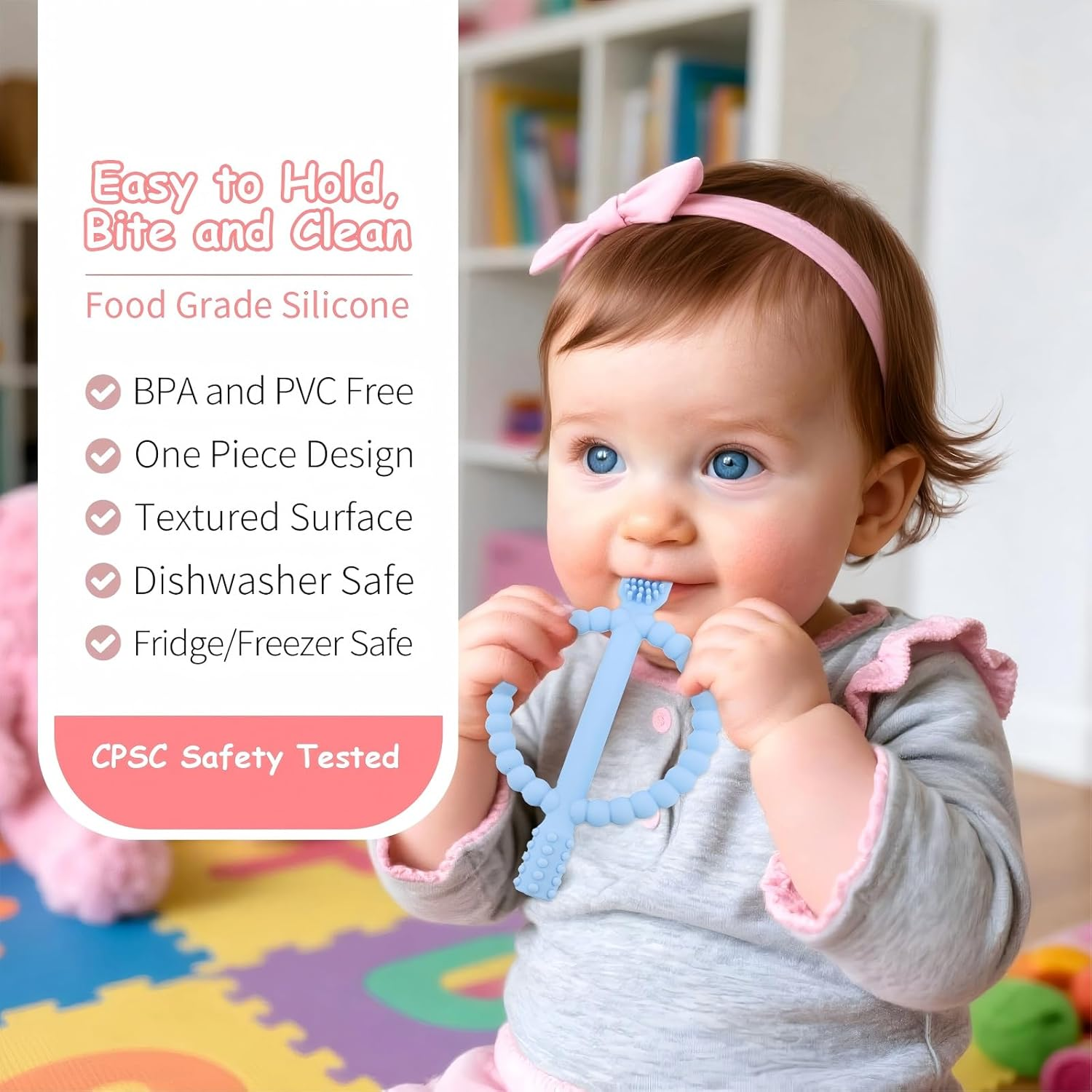 2 Pack Baby Teething Toys, Silicone Infant Toothbrush, Textured on Both Sides Helps Massage, Soothe Sore Gums, Baby Chew Toys for Sucking Needs, Teething Toys for Babies 6 + Months (Blue & Pink) - Green  Caramel image number 4