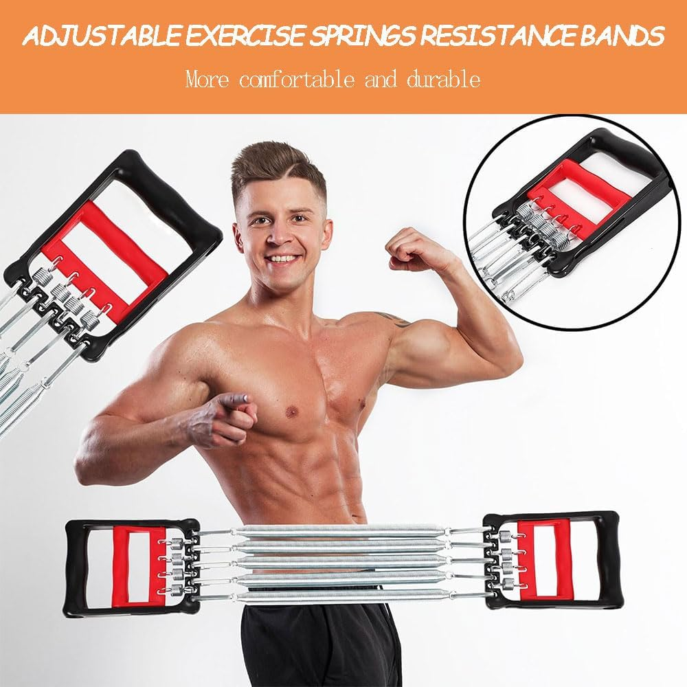 Chest Expander - Adjustable Spring Resistance Men'S Upper Body Exercise Equipment - Forearm Strengthener, Strong Puller with 5 Metal Springs - Portable Home Gym Fitness Tool (Red and Black) image number 4