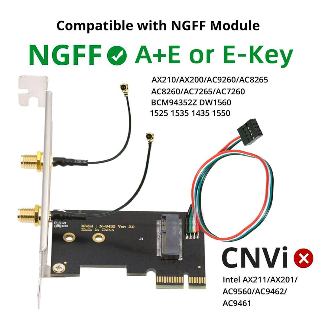 Chenyang PCI-E X1 to NGFF A+E/E-Key Wireless Network Card PCI Express Expansion Card Adapter with Dual Antenna for Wifi5 Wifi6 Wifi6E,Bluetooth 5.3(USB Port),Supports Windows 11/10 image number 2