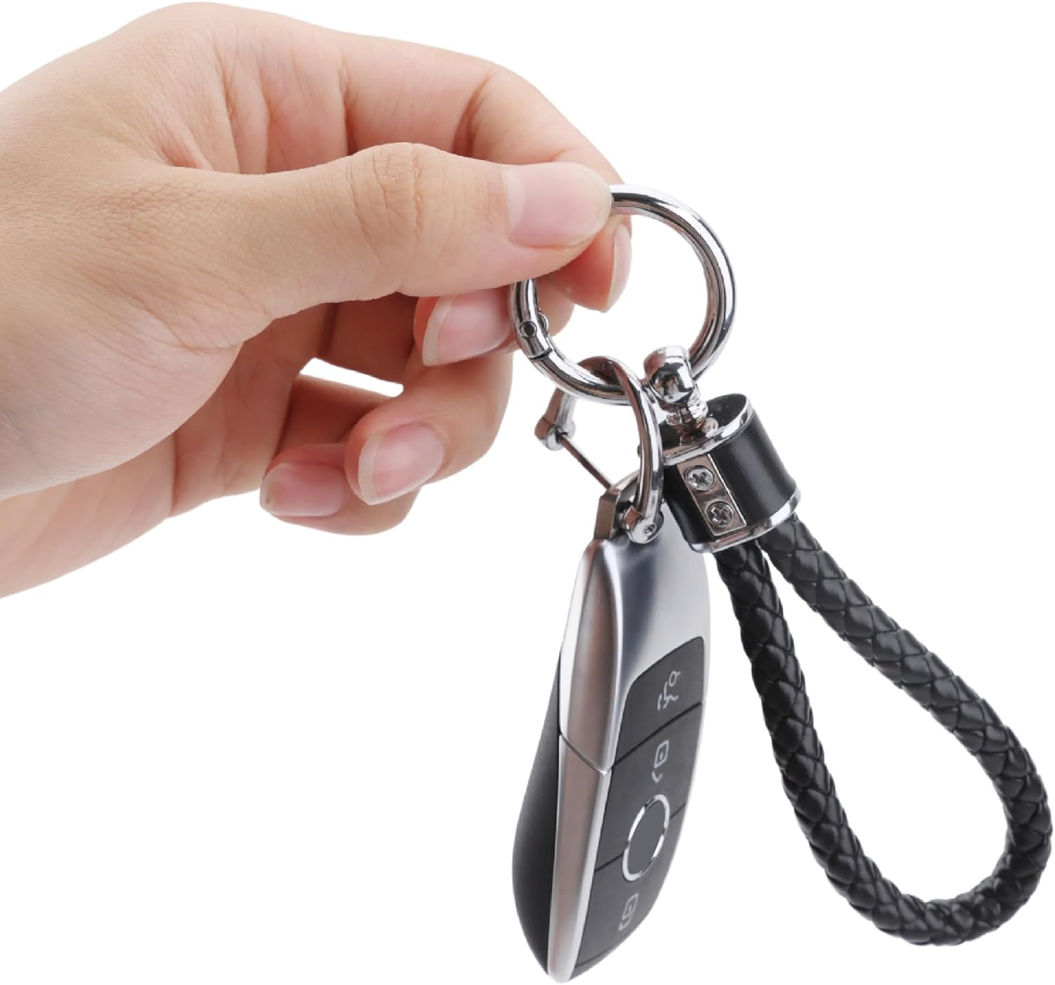 2Pcs Universal Leather Car Keychain, Metal Key Chain with Screwdriver and 360&deg; Rotatable D-Ring for Men Women Couple, Black and Pink